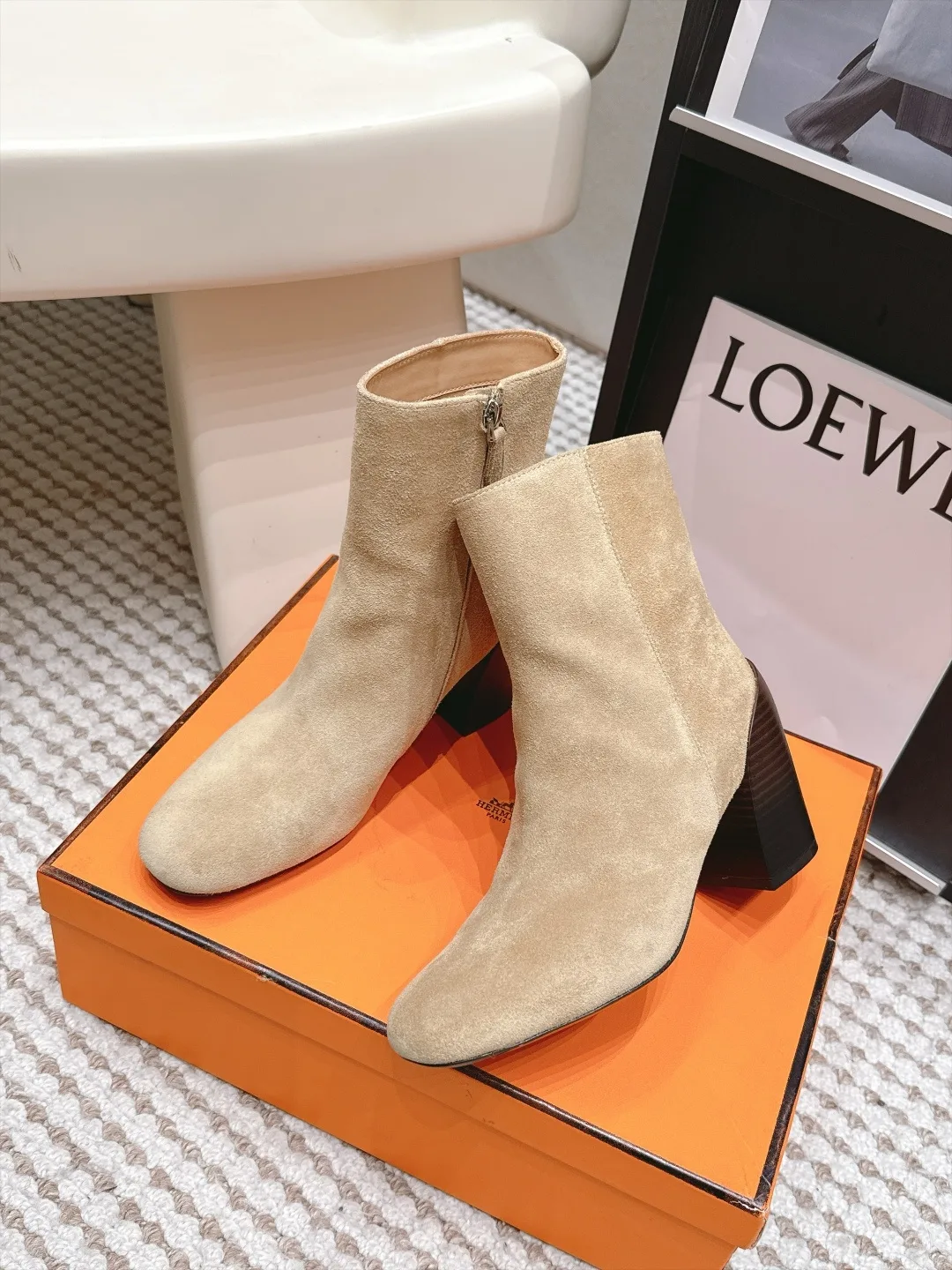 Loewe Suede-Look Square-Toe Ankle Boots in Beige · view 5