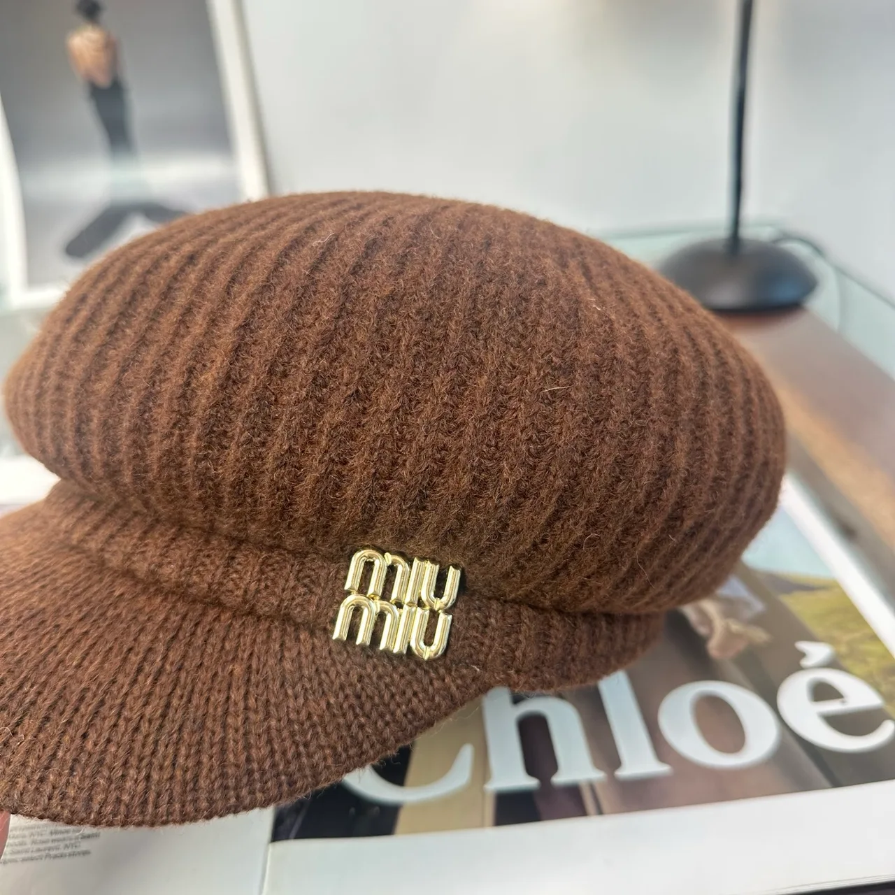 Miu Miu Knit Brimmed Cap in Brown & Beige & Grey & Cream & Black · view 3