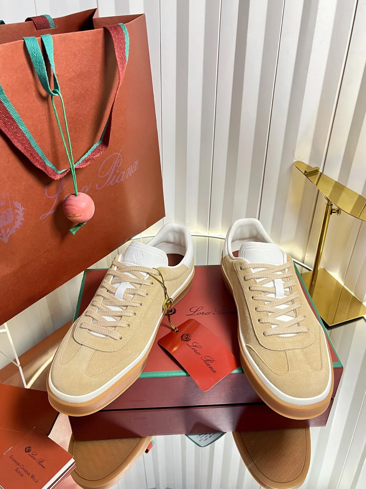 Loro Piana Cashmere Lace-Up Sneakers in Beige · view 3