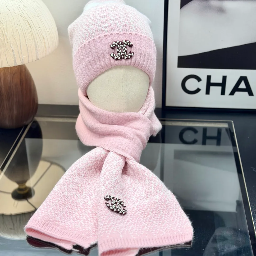 Chanel Ribbed Embroidered Beanie, Scarf and Gloves Set in Pink · view 2