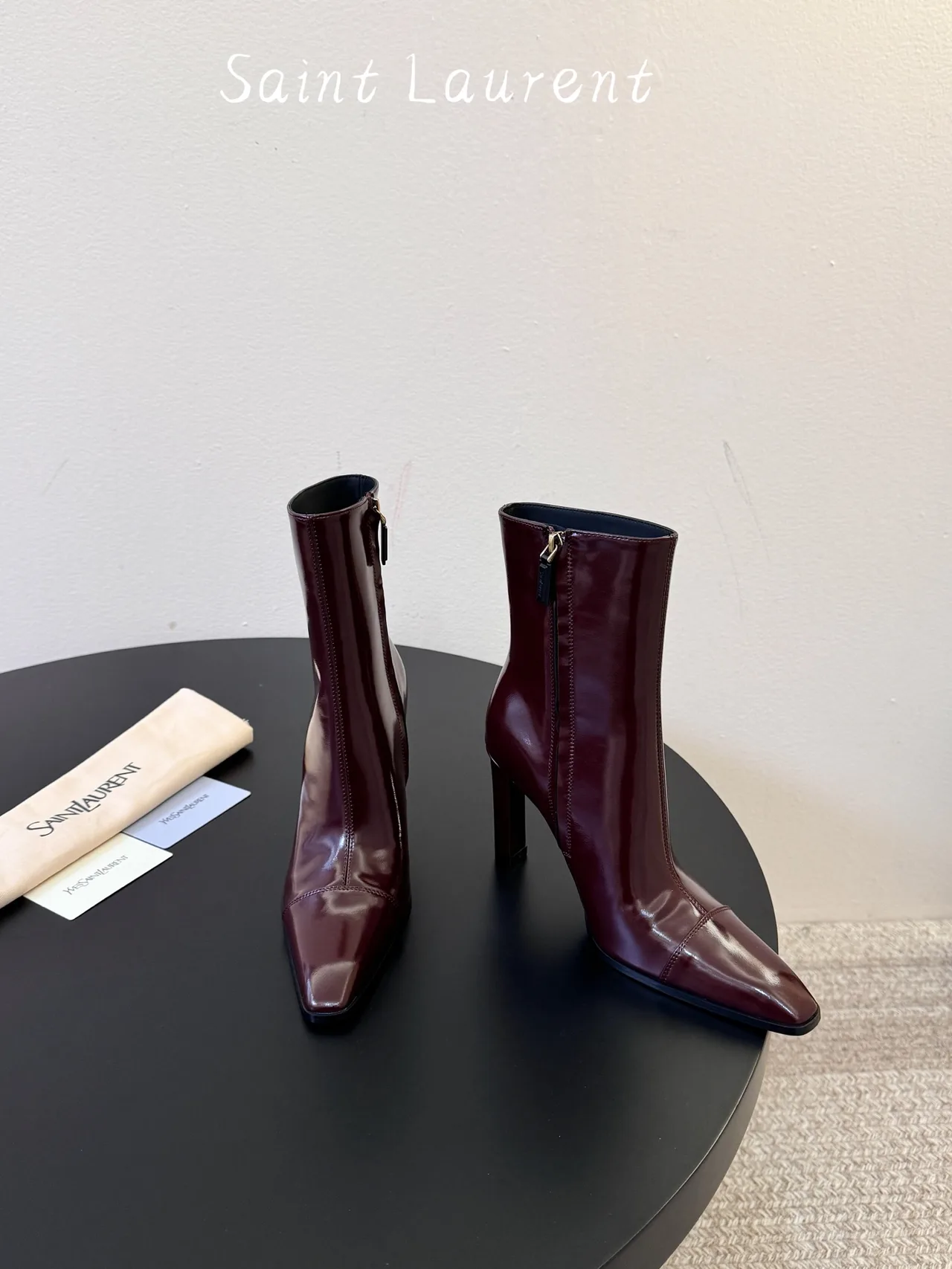 Saint Laurent Glossy Pointed-Toe Ankle Boots in Burgundy · view 2