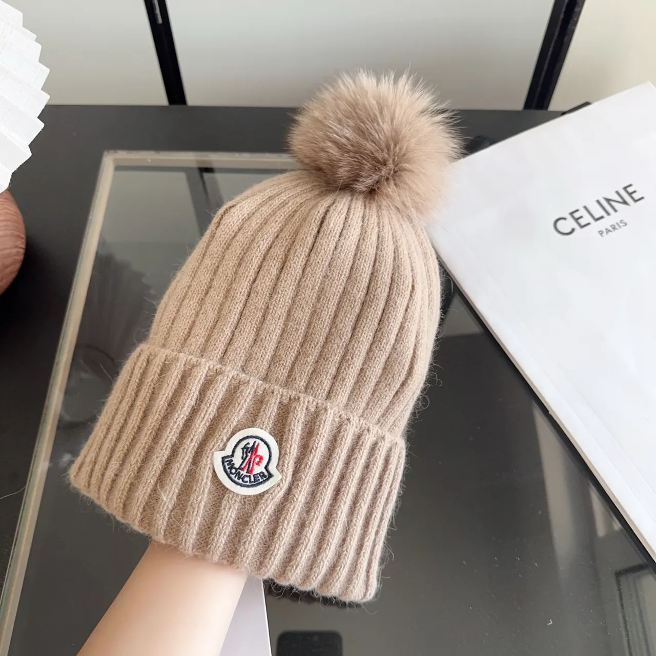 Moncler Ribbed Beanie in Beige · view 3