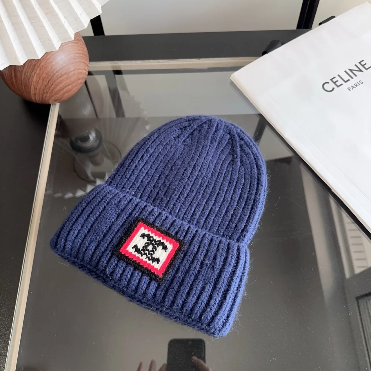 Celine Ribbed Beanie in Blue · view 6