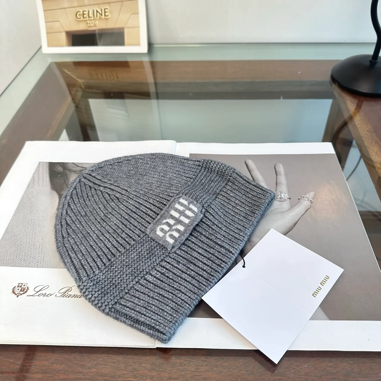 Miu Miu Ribbed Beanie in Grey · view 3