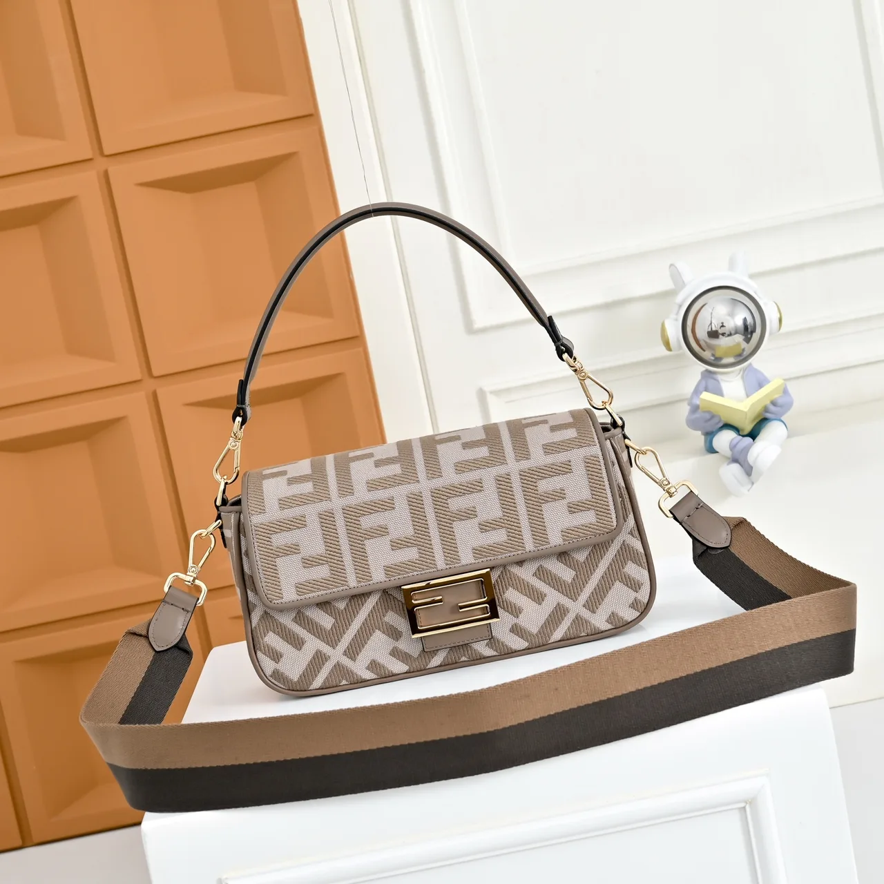 Fendi Baguette FF-Embroidered Canvas Shoulder Bag in Beige · view 1