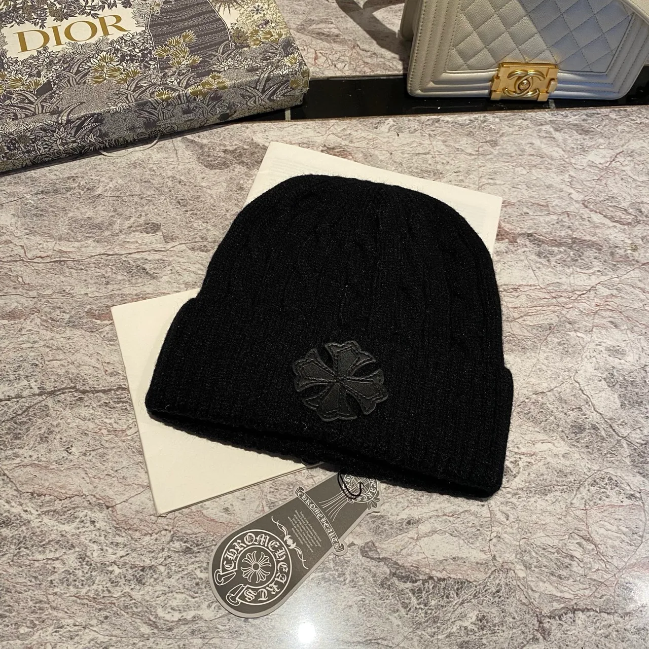 Chrome Hearts Cross Cable-Knit Beanie in Pink & White & Grey & Black & Blue & Red & Brown · view 5