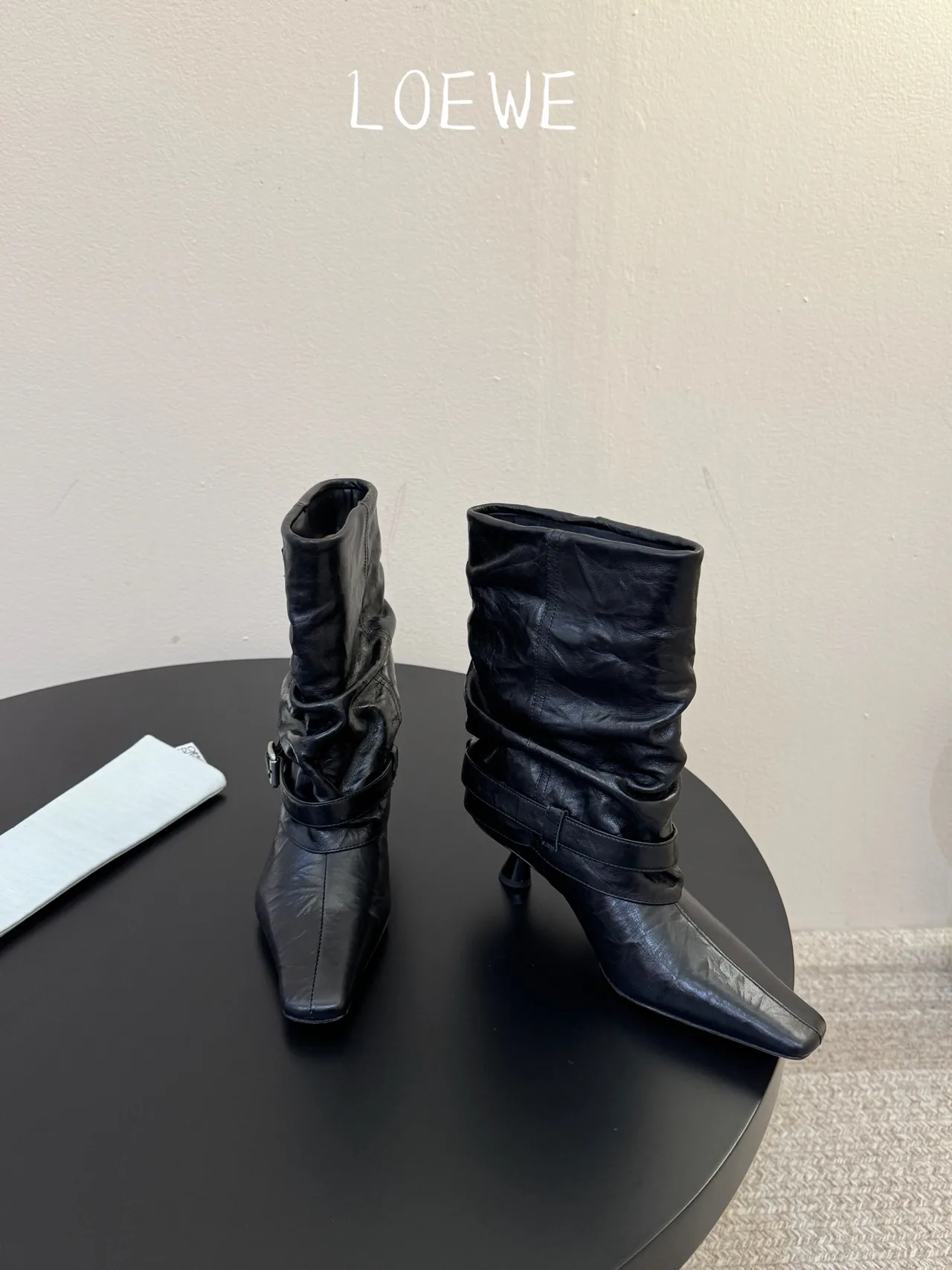 Loewe Cowhide Square-Toe Buckle Ankle Boots in Black · view 2