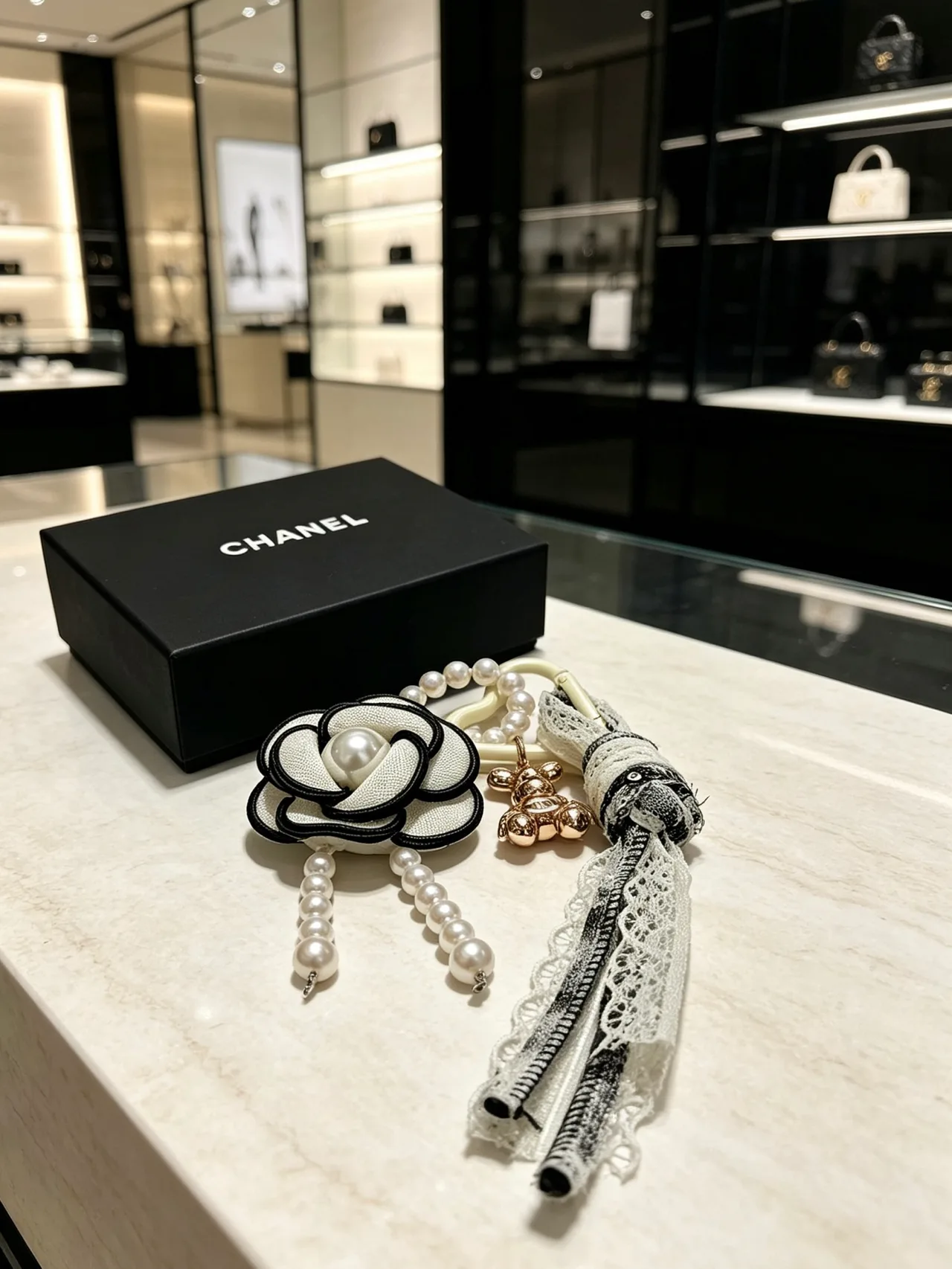 Chanel Glossy Camellia Key Charm in White · view 5