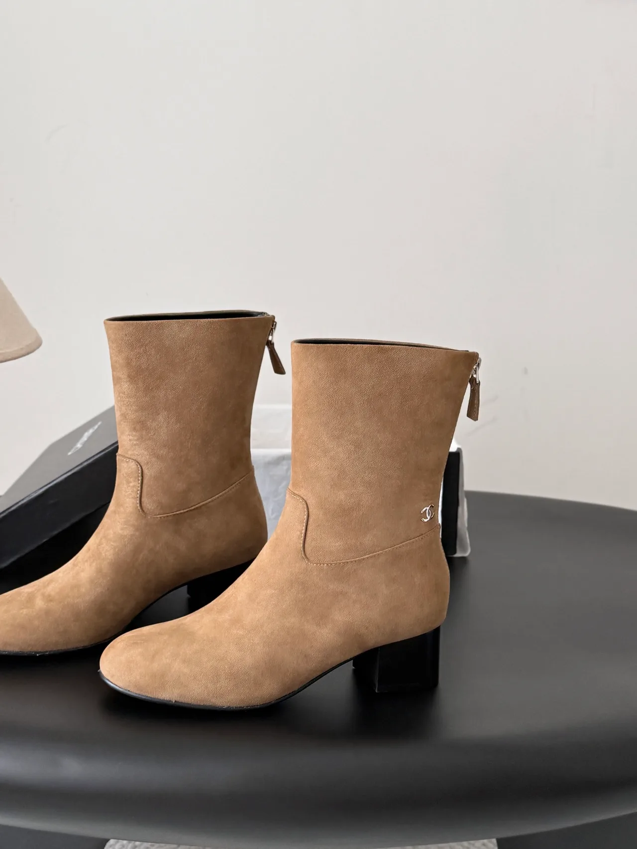 Chanel Sheepskin Suede-Look Round-Toe Ankle Boots in Tan · view 2