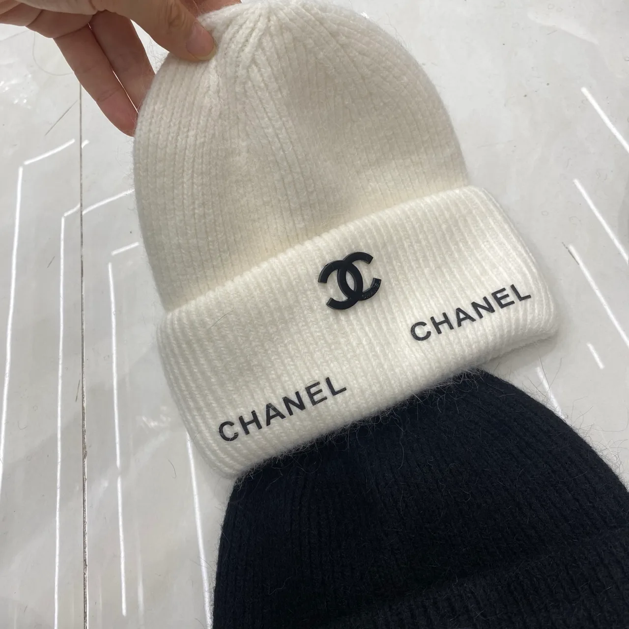 Chanel CC Script Beanie in Black & Cream · view 4