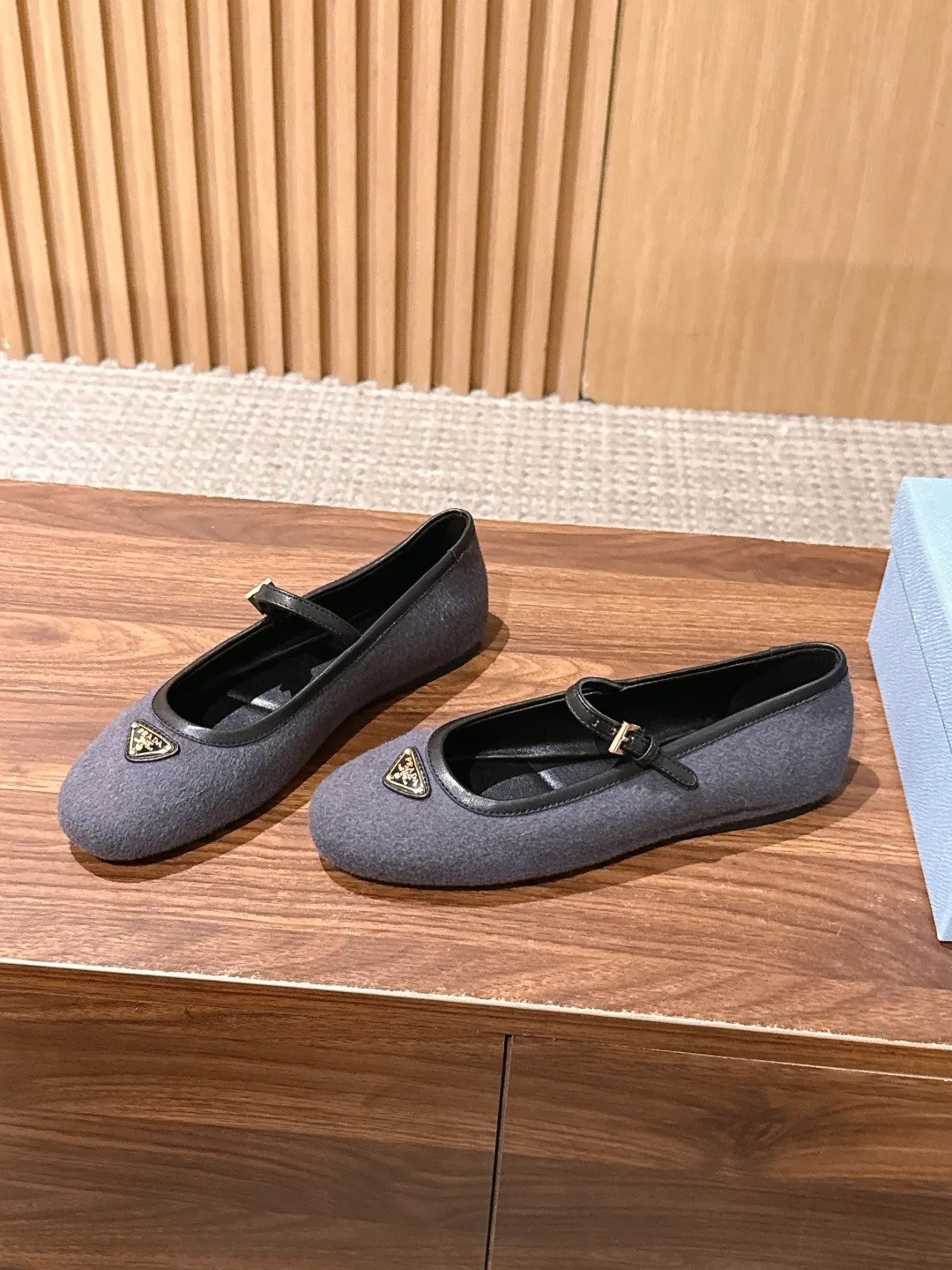 Prada Smooth Round-Toe Mary Jane Flats in Grey · view 1