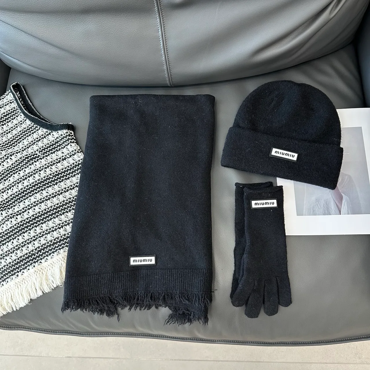 Miu Miu Hat Scarf and Gloves Set in White & Black & Grey & Beige · view 2