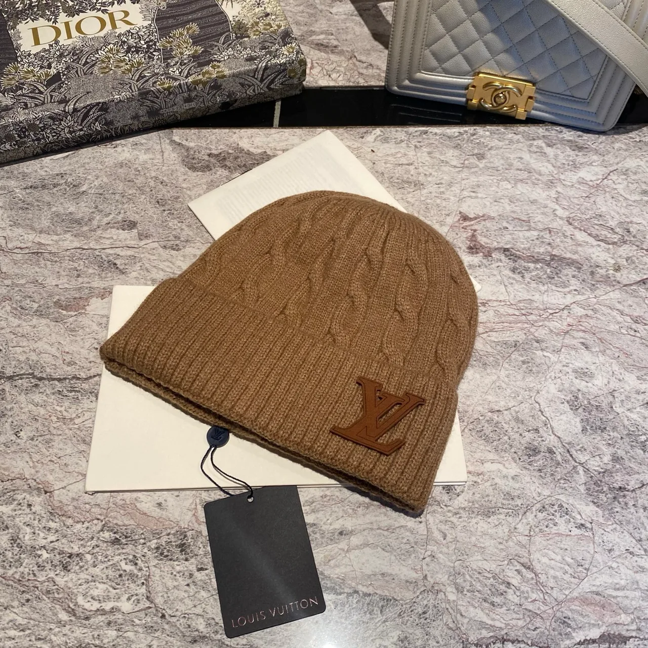 Louis Vuitton Cable-Knit Beanie in Black & White & Grey & Tan & Blue & Burgundy & Pink · view 6