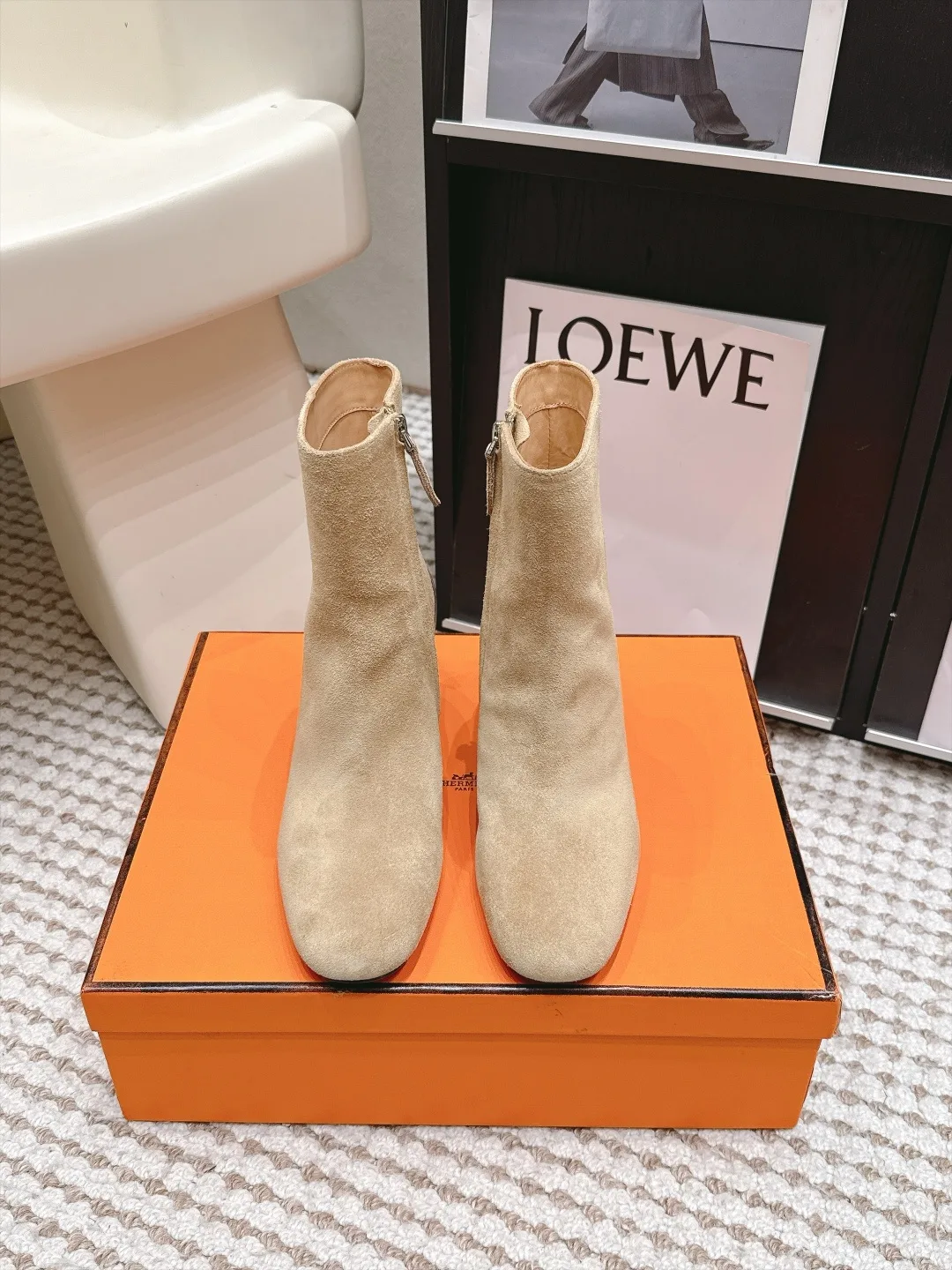 Loewe Suede-Look Square-Toe Ankle Boots in Beige · view 1