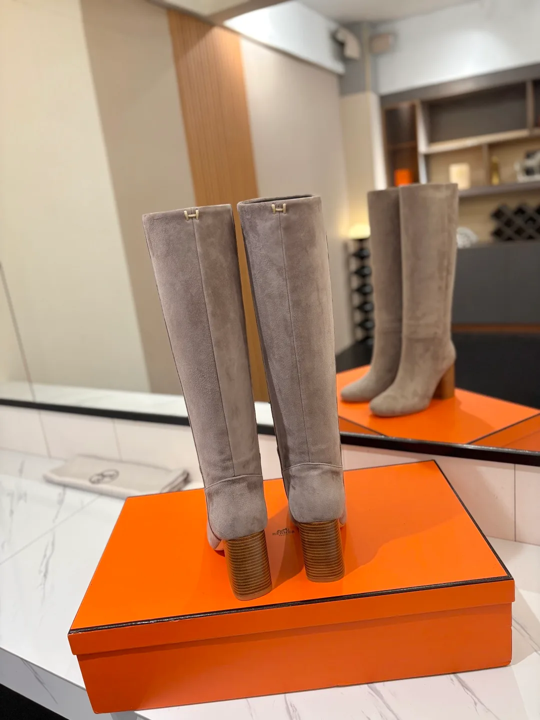 Hermes Cowhide Knee-High Boots in Grey · view 5
