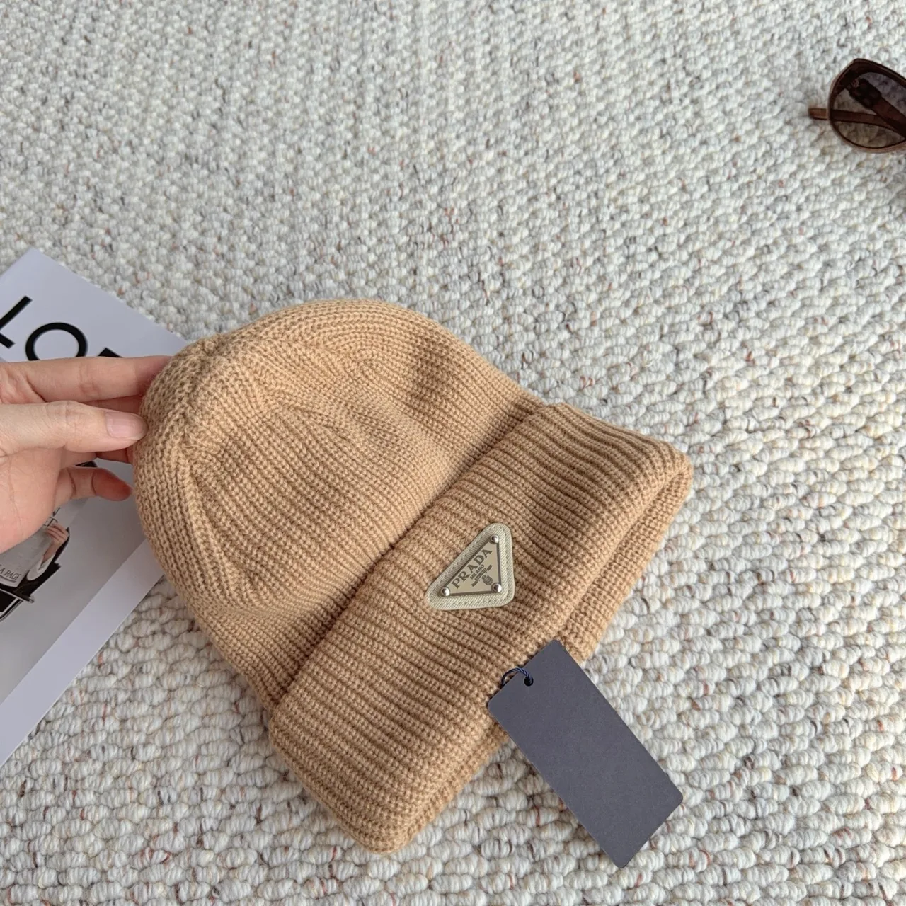 Prada Ribbed Beanie in Beige · view 5