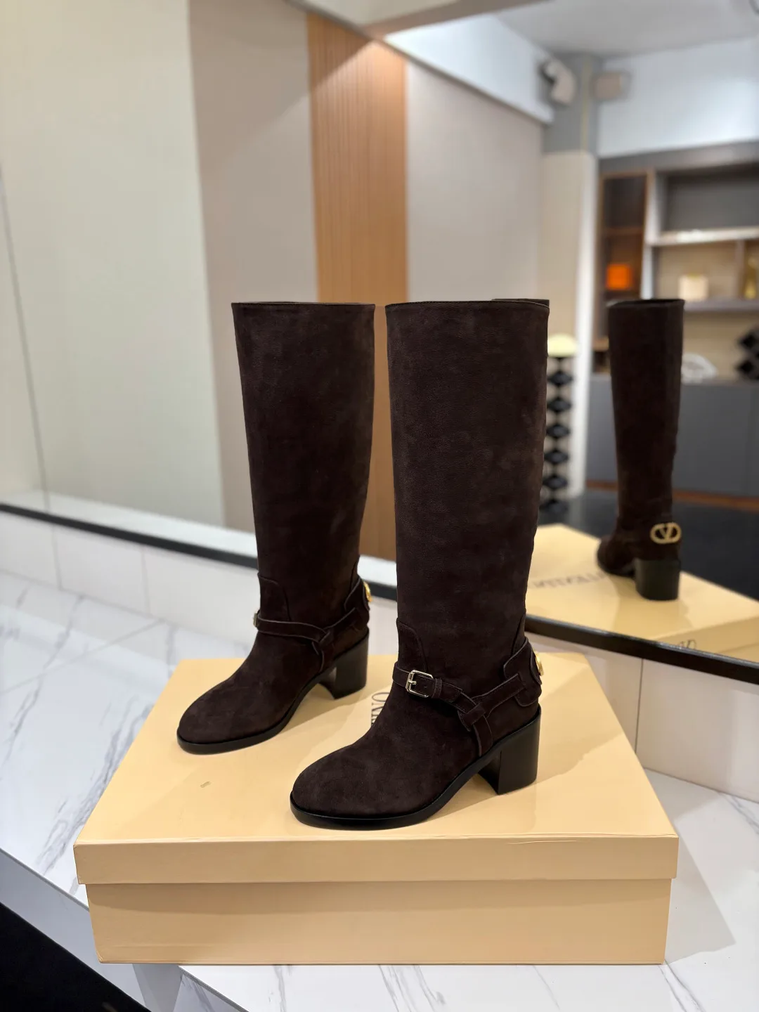 Valentino Calfskin Suede-Look Buckle Knee-High Boots in Brown · view 2