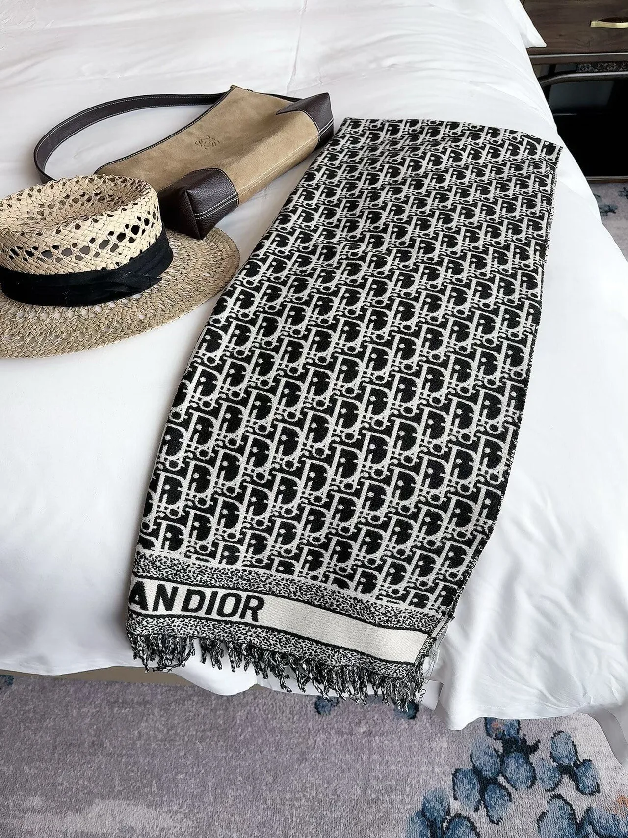 Dior Oblique Fringed Scarf in Tan & Black · view 2