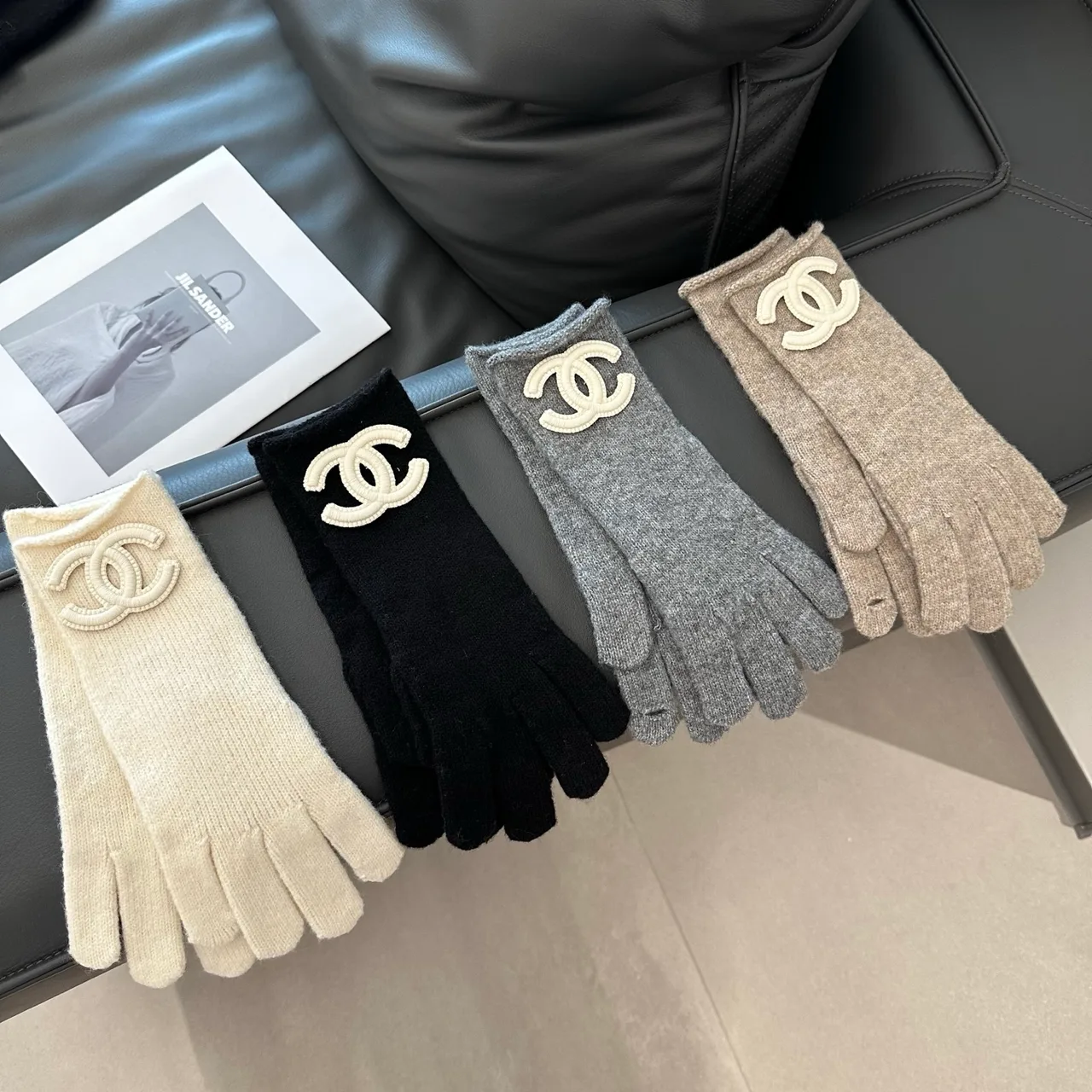 Chanel Hat Scarf and Gloves Set in White & Black & Grey & Beige · view 6