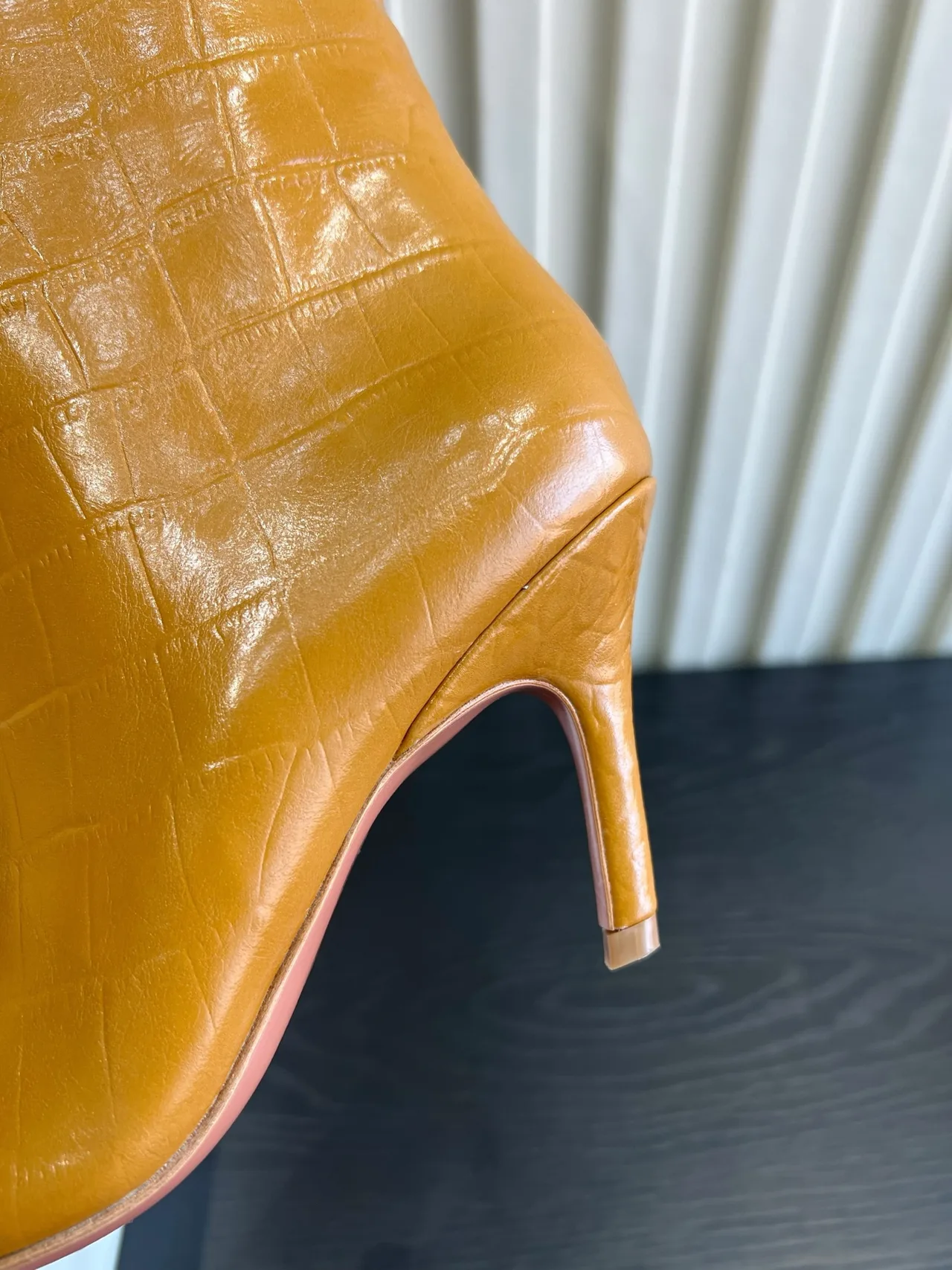 Amina Muaddi Cowhide Glossy Pointed-Toe Knee-High Boots in Tan · view 8