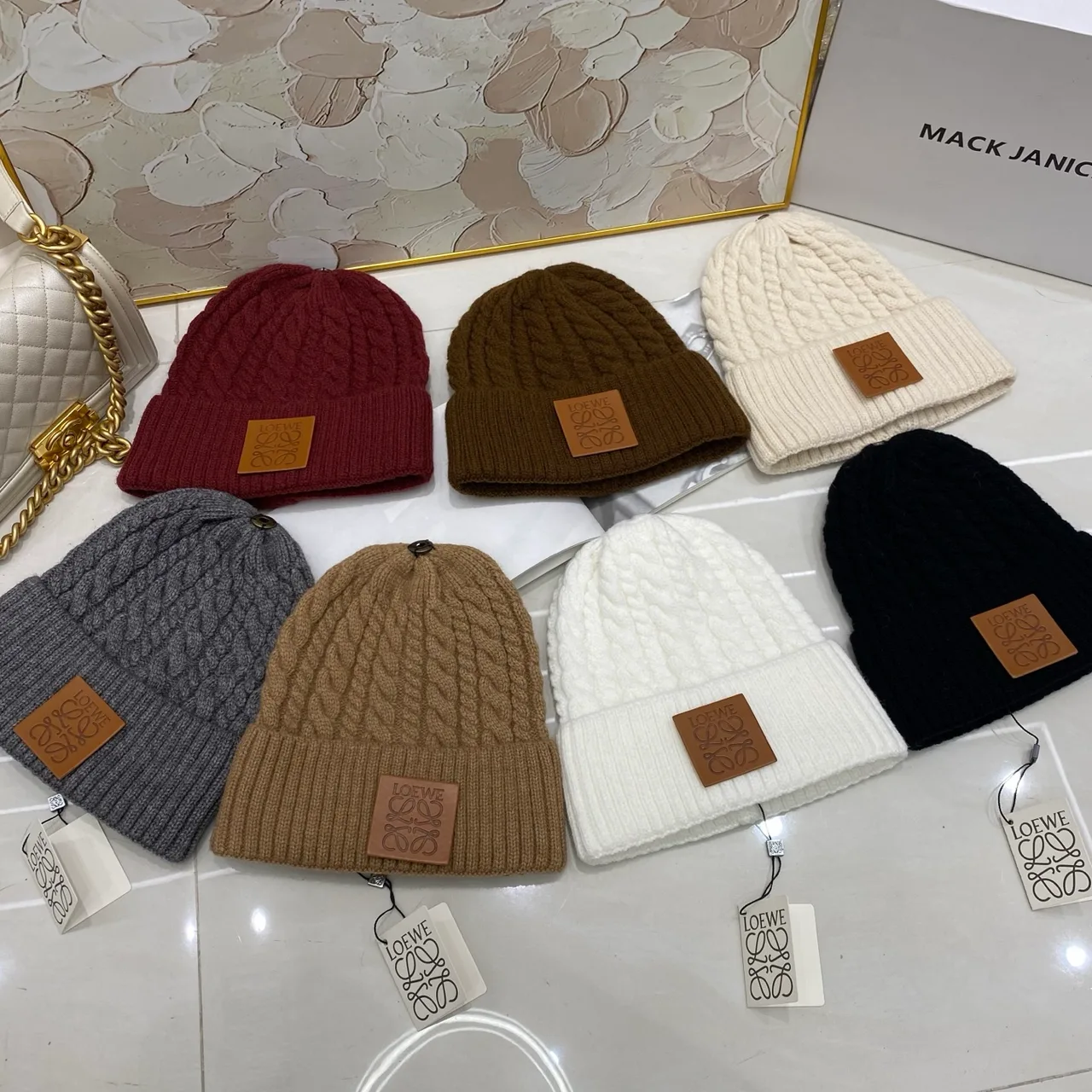 Loewe Cable knit beanie in Black & White & Cream & Brown & Grey & Burgundy · view 8