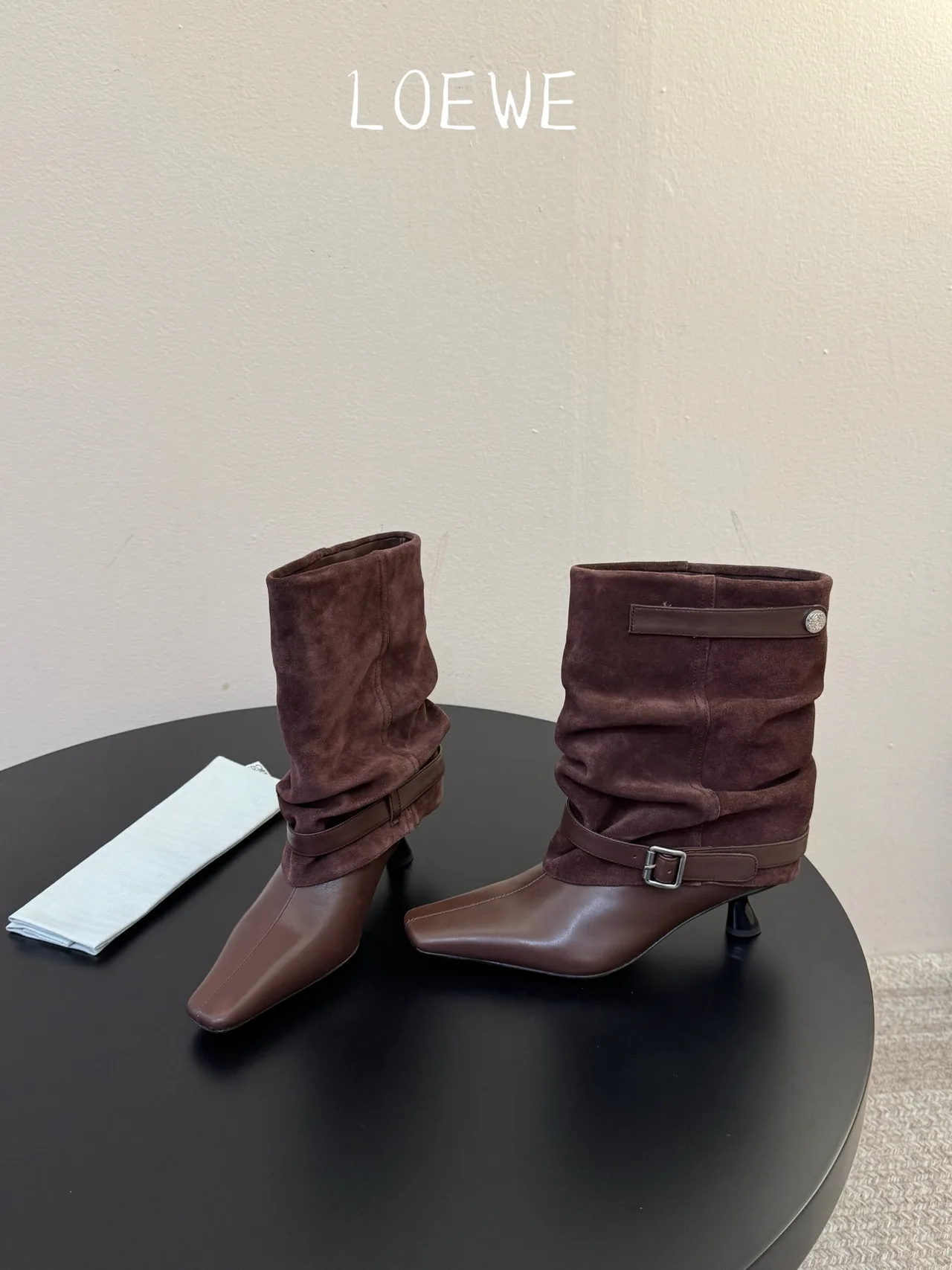 Loewe Cowhide Ribbed Suede-Look Square-Toe Buckle Ankle Boots in Brown · view 3