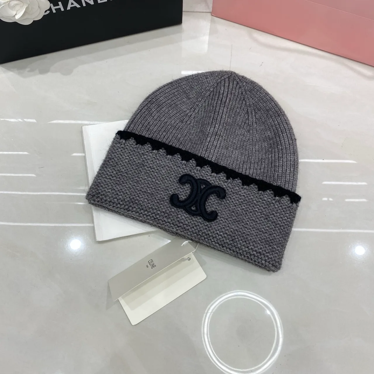 Chanel Knit Beanie in Black & Cream & Grey & Tan · view 3
