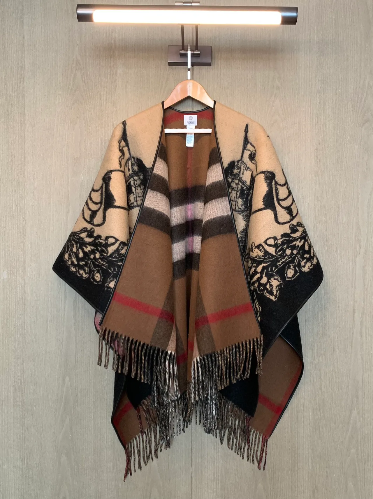 Burberry Wool Cashmere Reversible Check and Equestrian Poncho in Beige · view 1