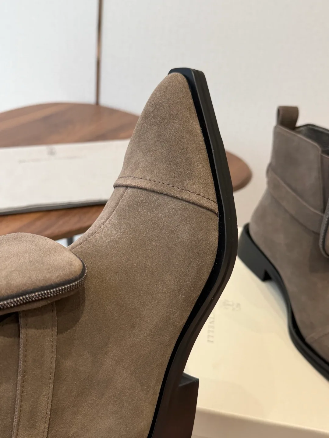 Brunello Cucinelli Glossy Suede-Look Pointed-Toe Ankle Boots in Grey · view 8