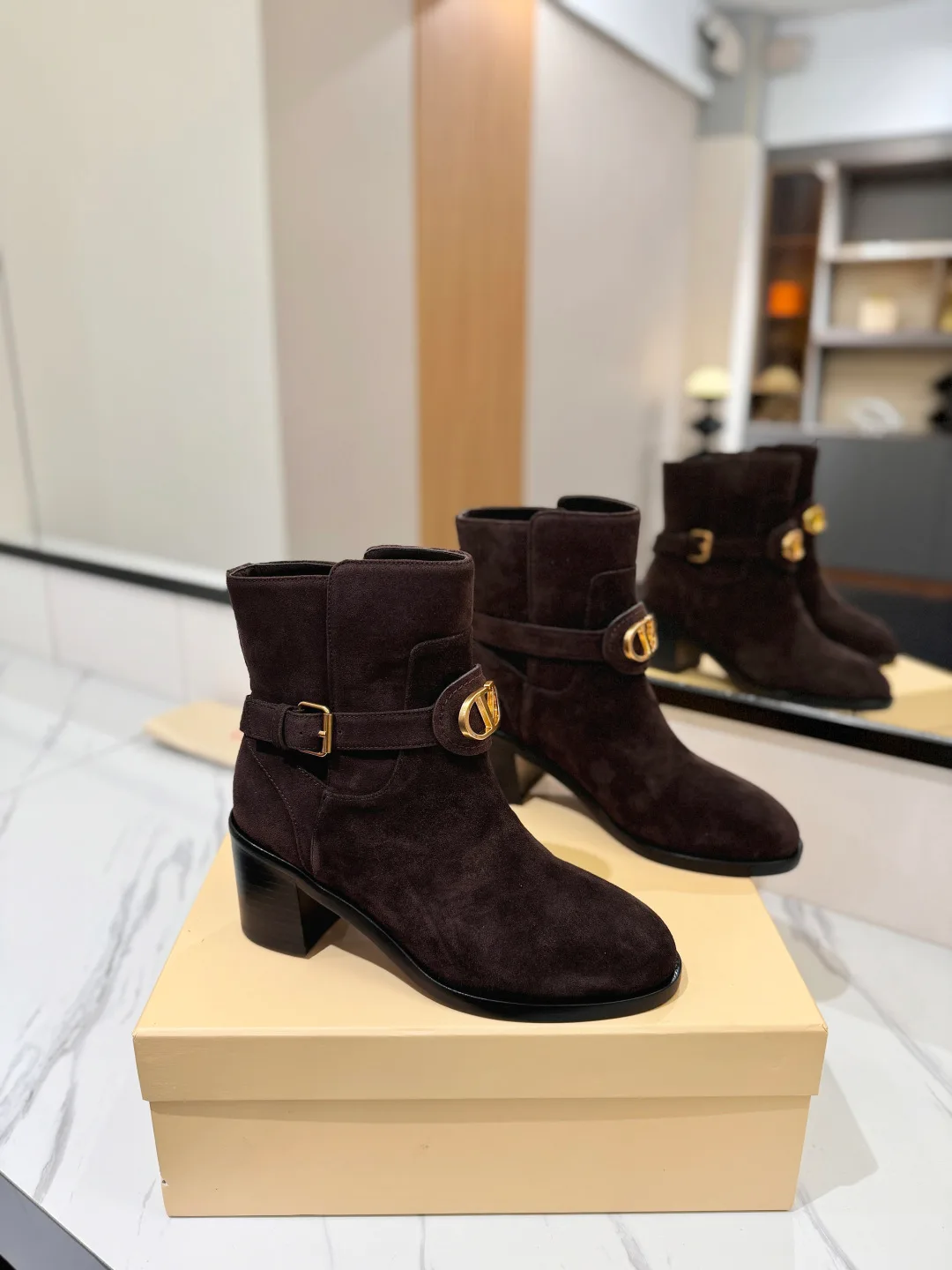 Valentino Calfskin Suede-Look Pointed-Toe Ankle Boots in Brown · view 1