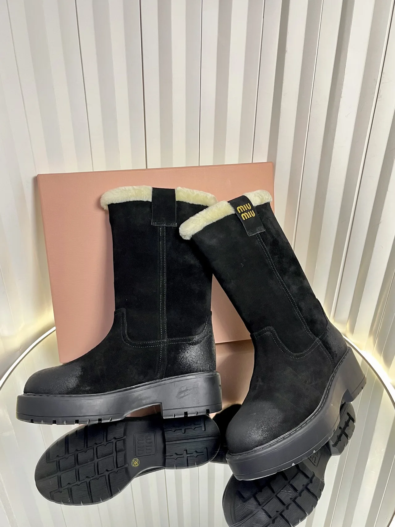 Miu Miu Calfskin Suede-Look Boots in Black · view 5