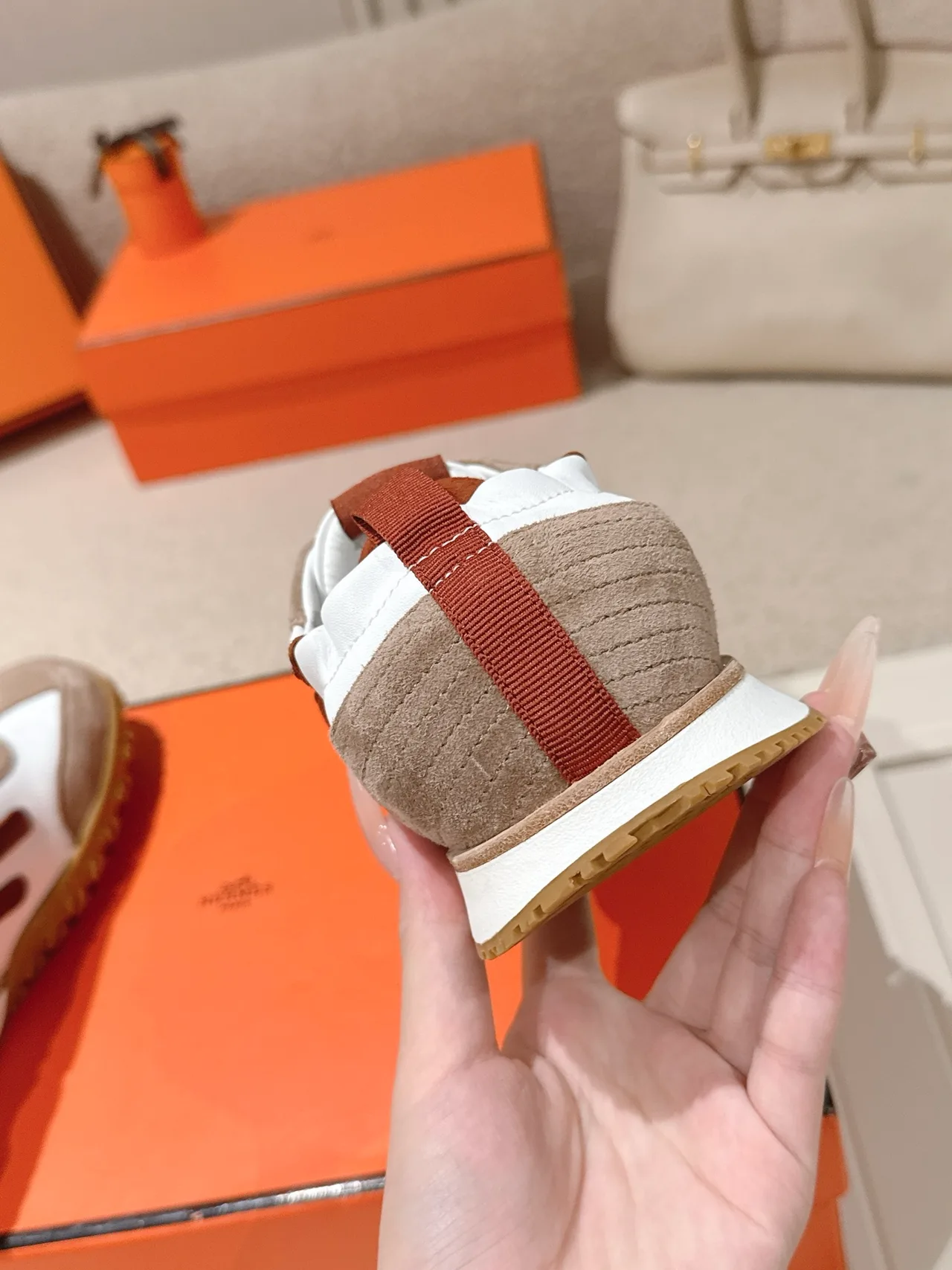 Hermes Sheepskin Suede Round-Toe Sneakers in White · view 7