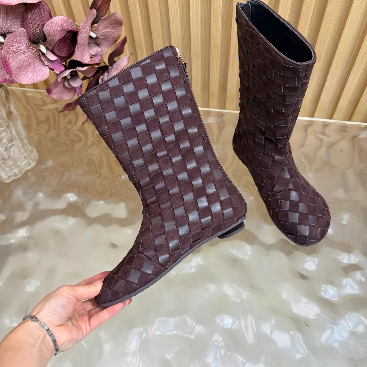 Bottega Veneta Woven Glossy Pointed-Toe Ankle Boots in Brown · view 8