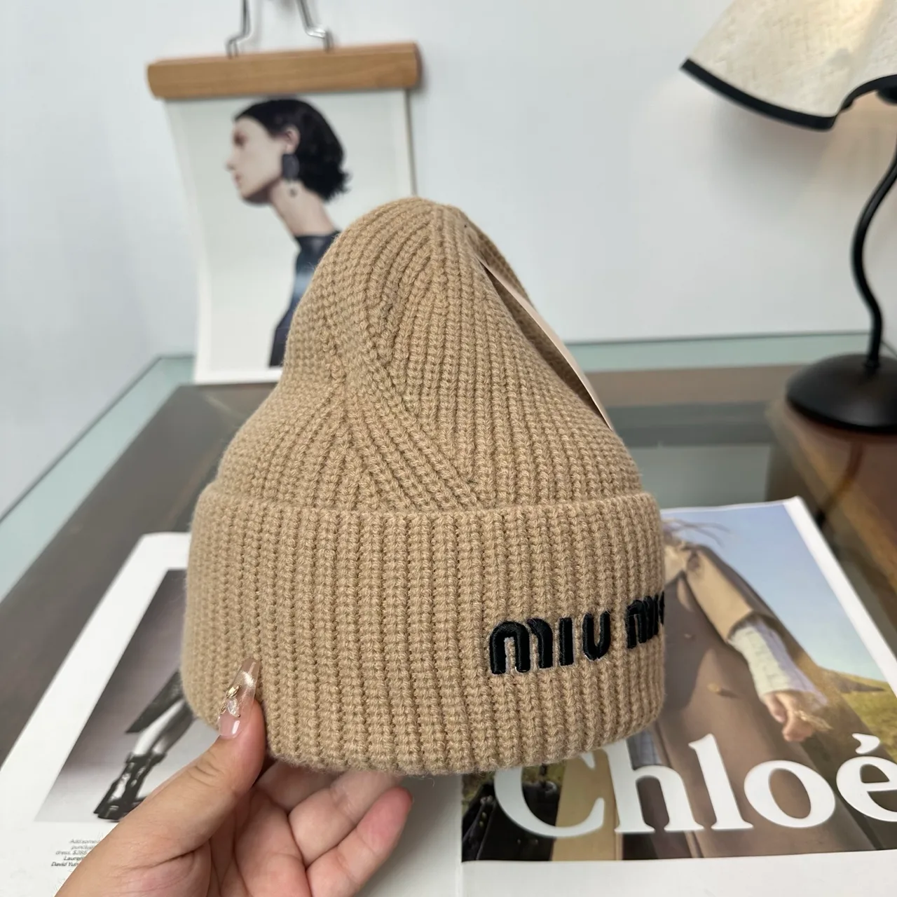 Miu Miu Ribbed Embroidered Beanie in Beige · view 5