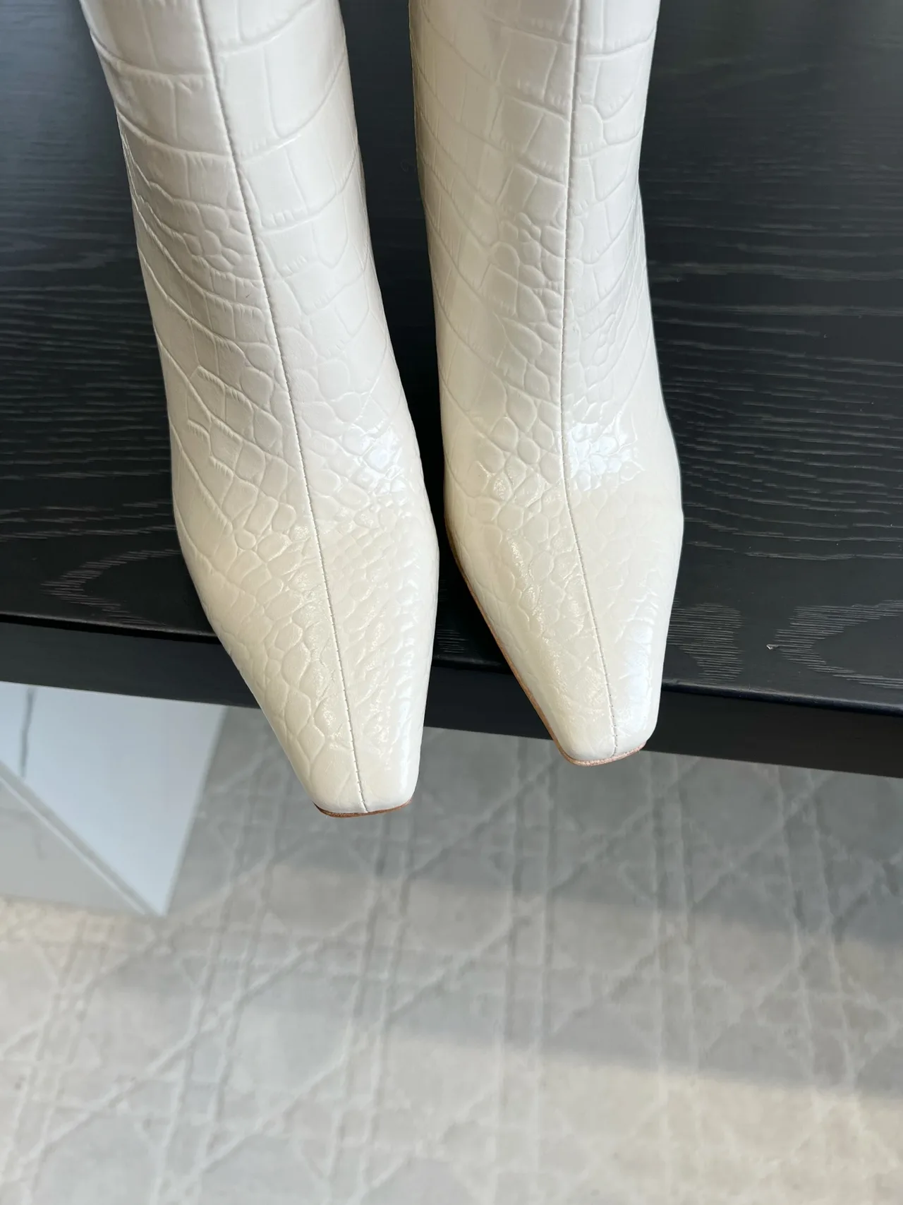 Amina Muaddi Cowhide Knee-High Boots in Cream · view 6