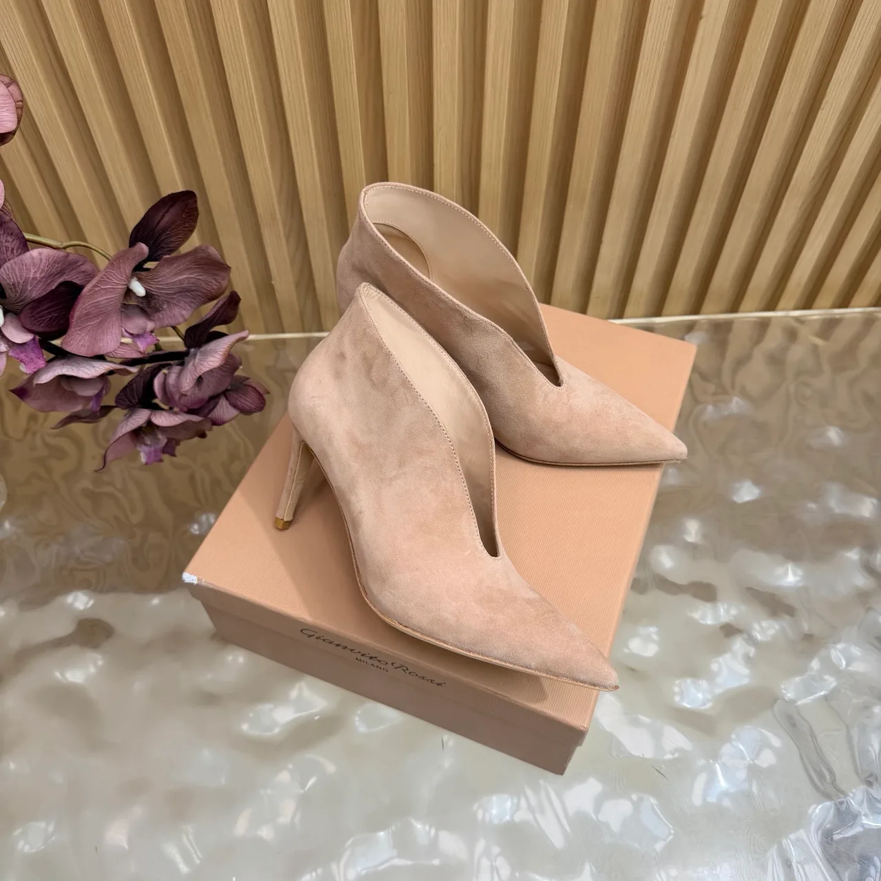 Gianvito Rossi Pointed-Toe Heeled Ankle Boots in Beige · view 2