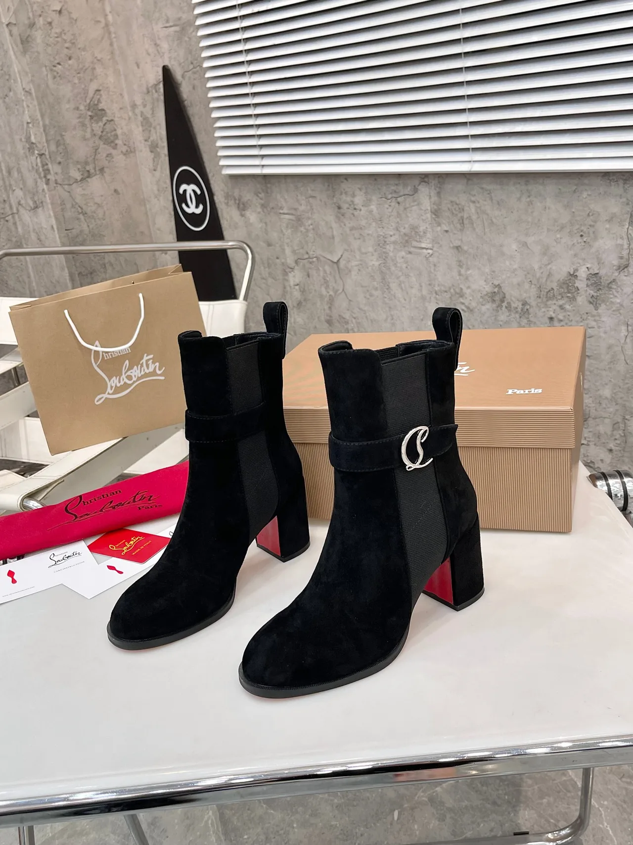 Christian Louboutin Calfskin Suede-Look Pointed-Toe Buckle Ankle Boots in Black · view 5