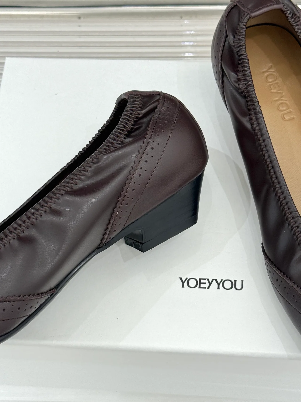 YOEYYOU Lambskin Denim Smooth Square-Toe Pumps in Brown · view 6