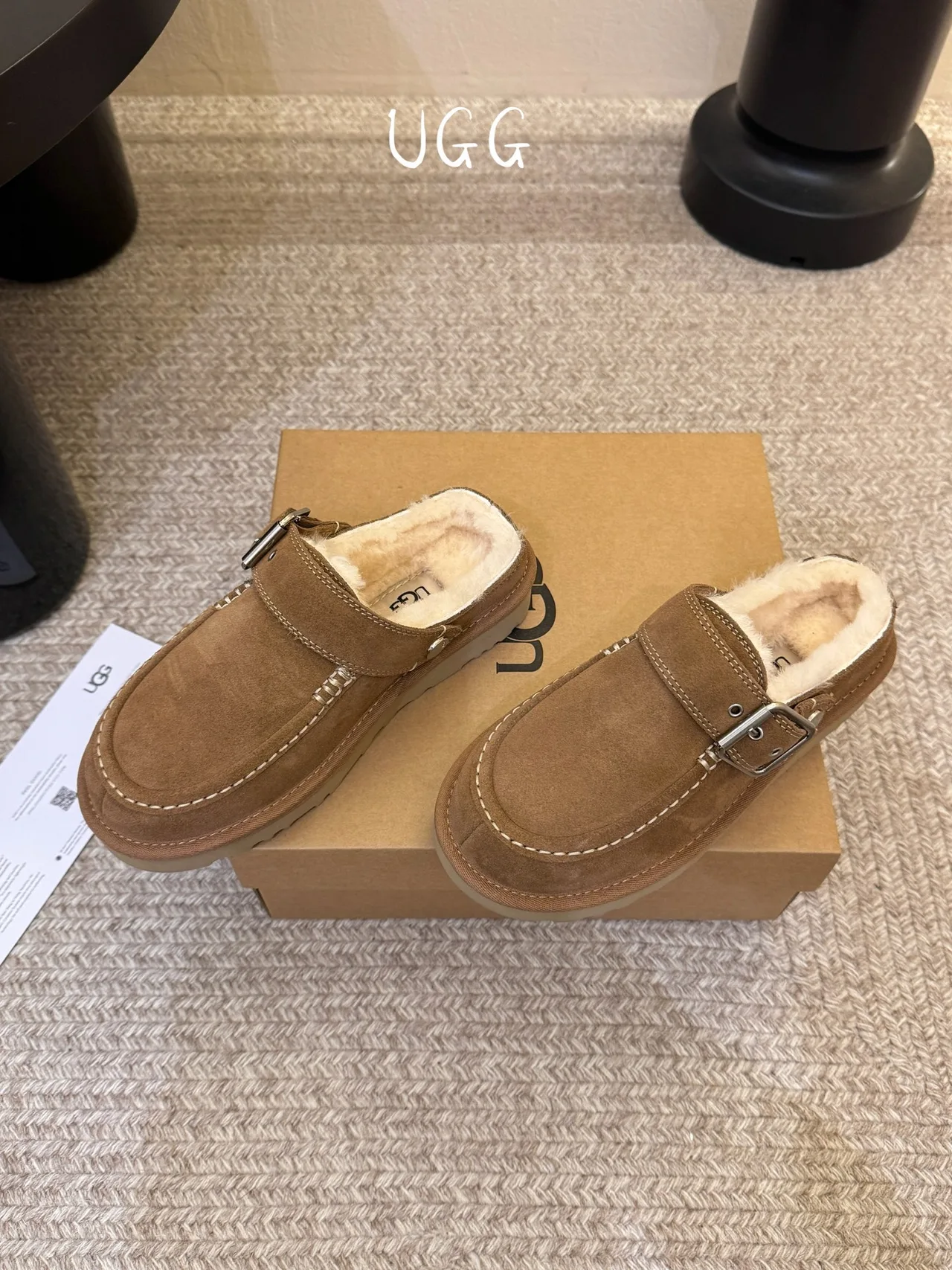 UGG Wool Suede-Look Buckle Lined Loafer Mules in Brown · view 4