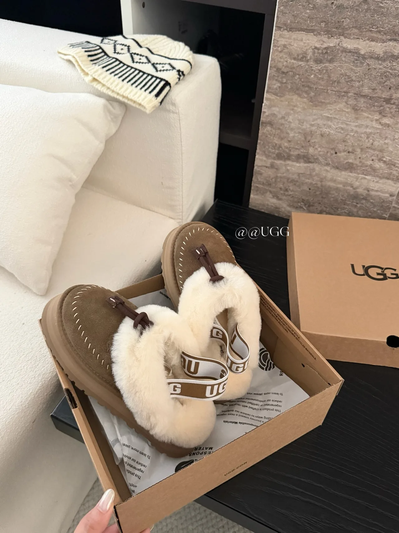 UGG Cowhide Wool Suede-Look Tassel Slippers in Brown · view 3