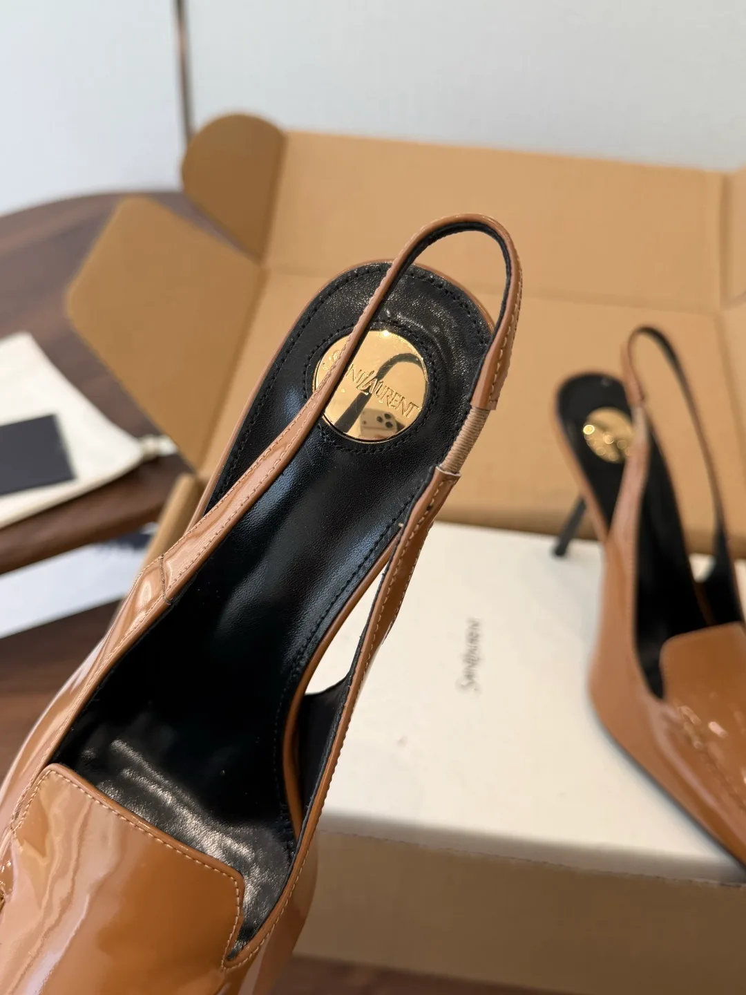 Saint Laurent Cowhide Slingback Heels in Brown · view 7