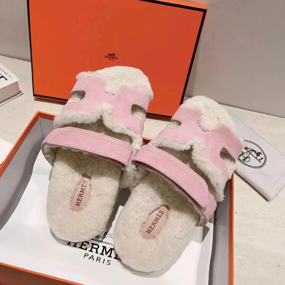 Hermes Sheepskin Chypre Shearling Slides in Pink · view 1