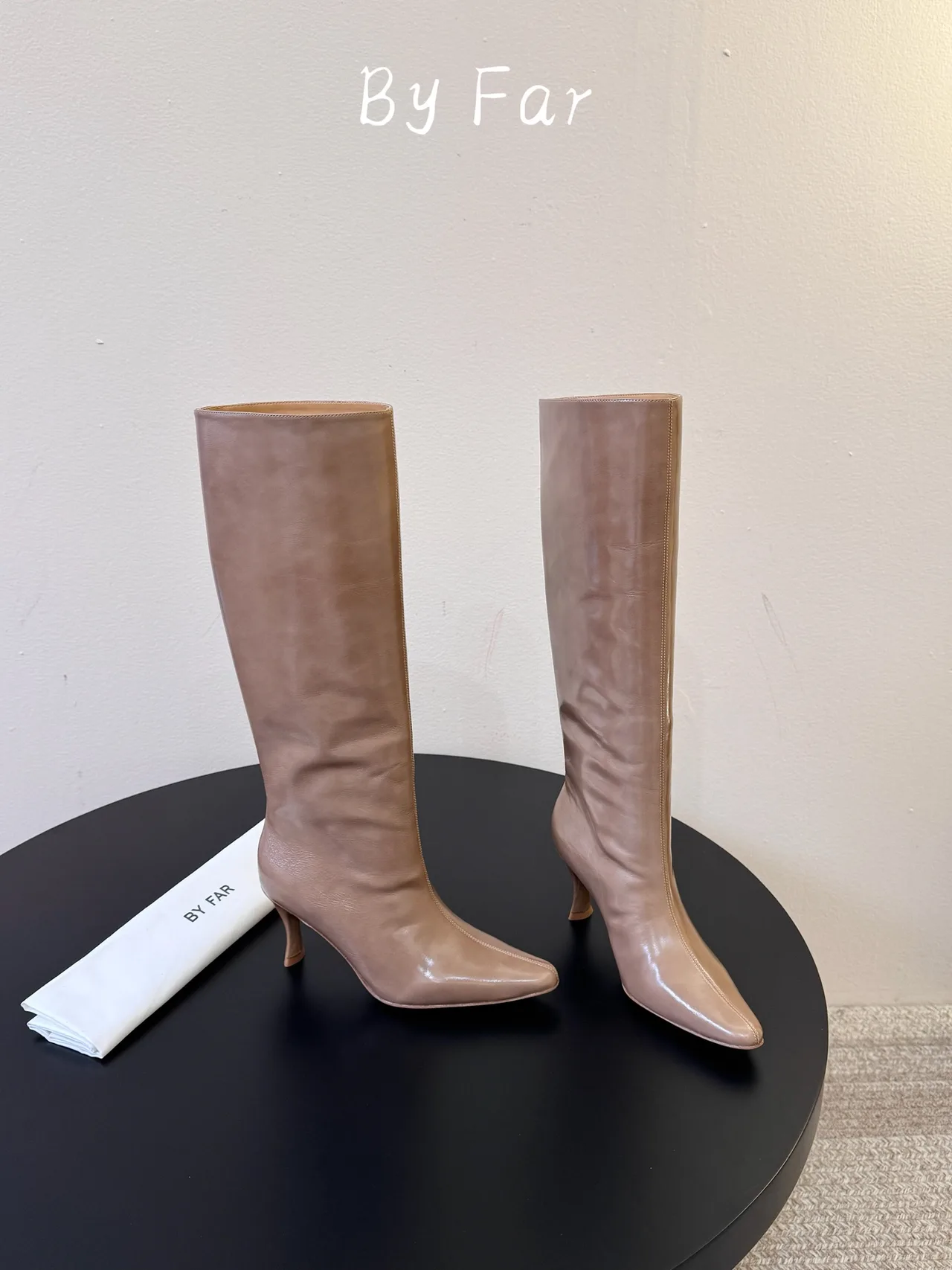 By Far Glossy Pointed-Toe Knee-High Boots in Brown · view 4