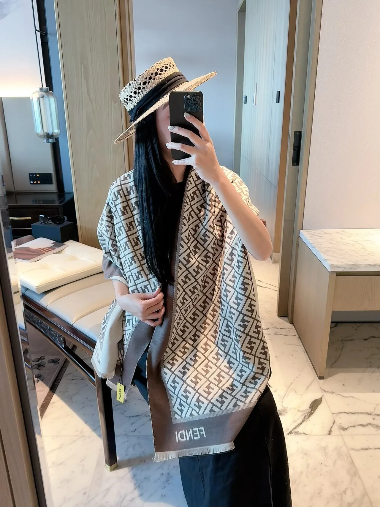 Fendi FF Border Scarf in Orange & Cream & Brown · view 8