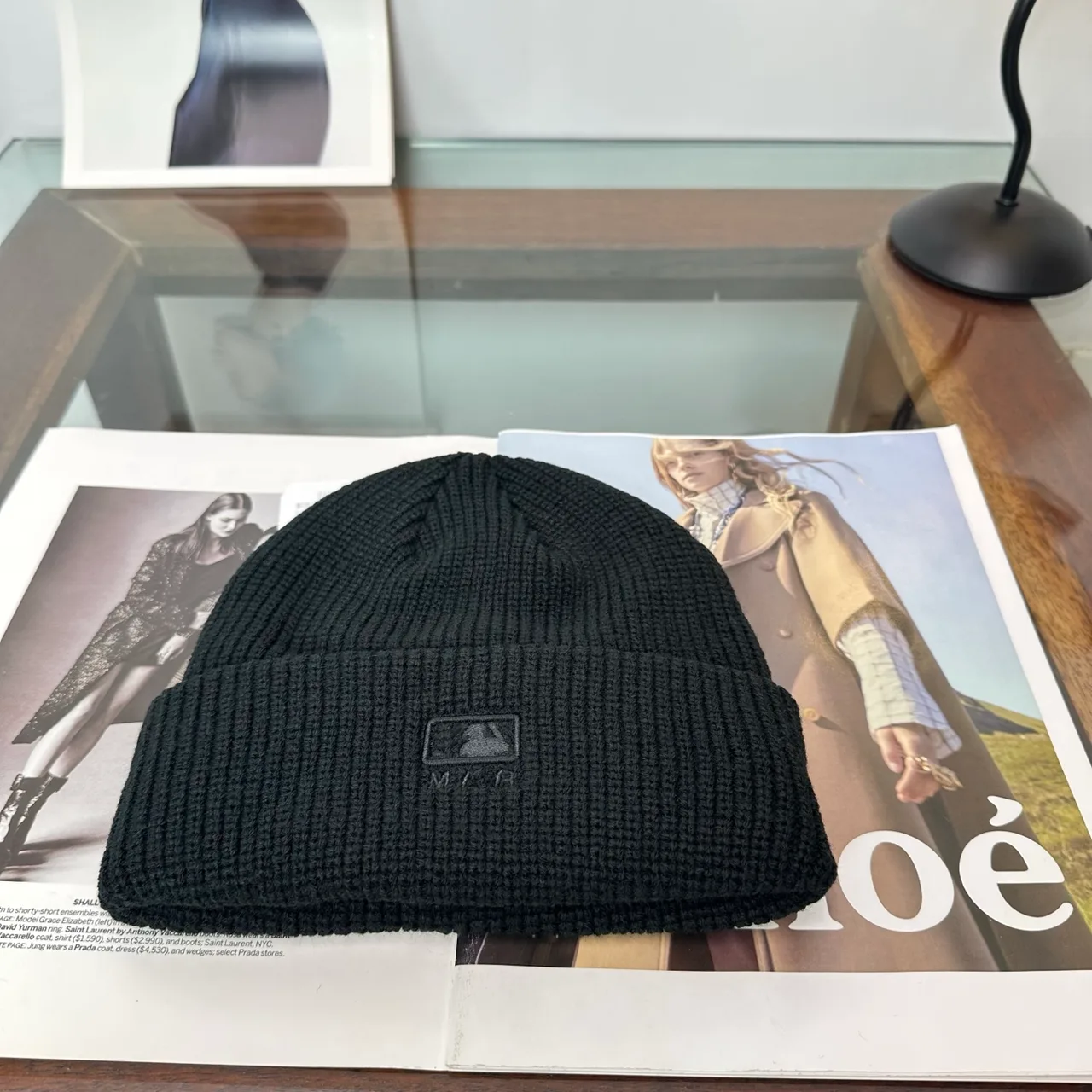NY Letter Ribbed Beanie in Black · view 6