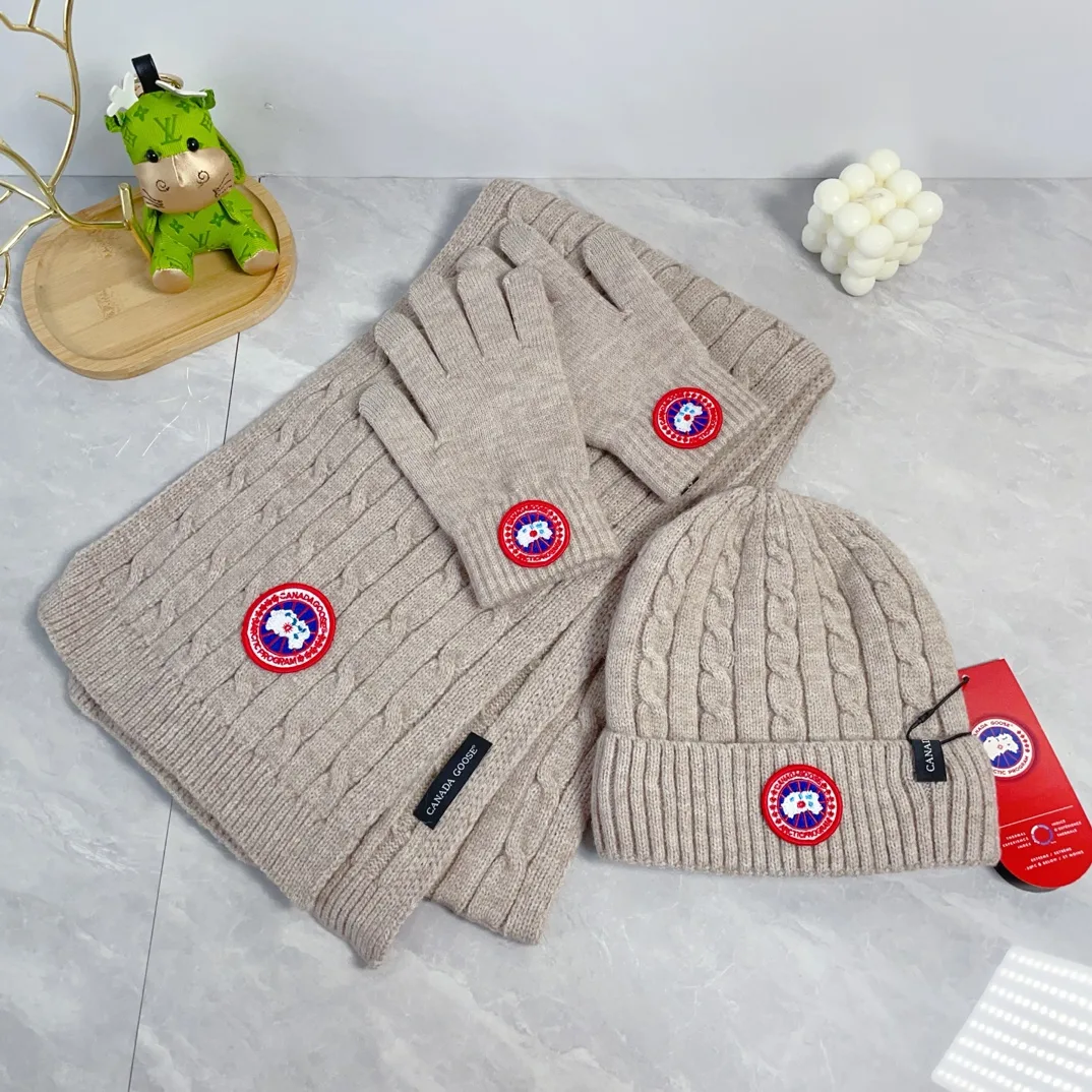 Canada Goose Wool Ribbed Hat Scarf and Gloves Set in Beige · view 2