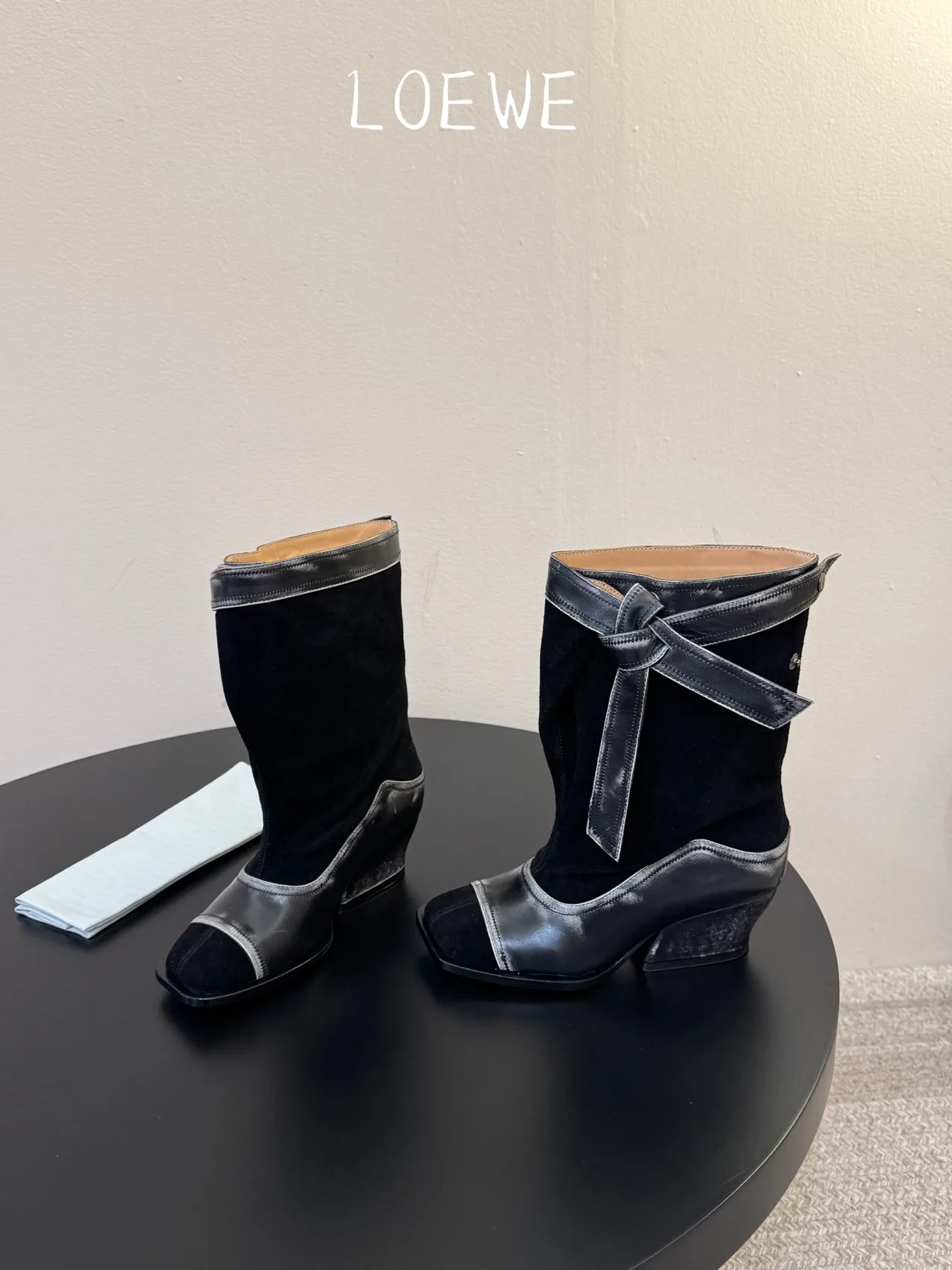 Loewe Cowhide Glossy Suede-Look Pointed-Toe Ankle Boots in Black · view 3