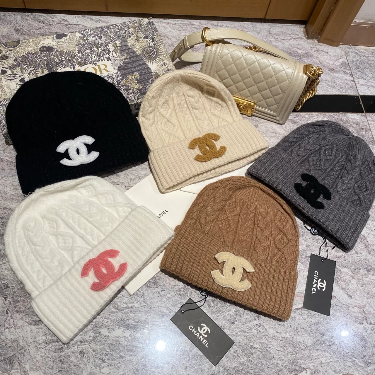 Chanel Cable-Knit Beanie in Black / White / Cream / Tan / Grey · view 1