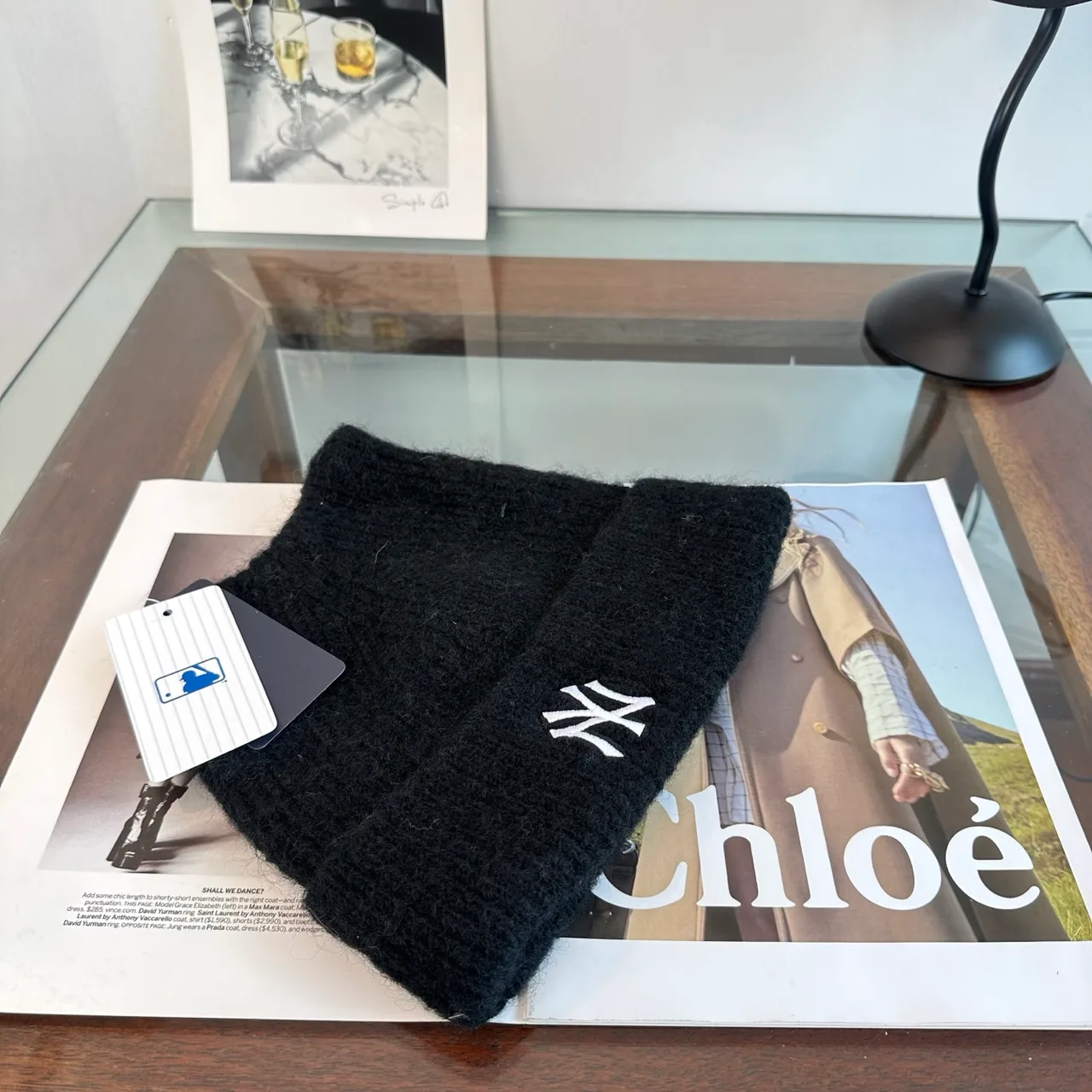 NY Letter Fuzzy Knit Beanie in Black · view 6