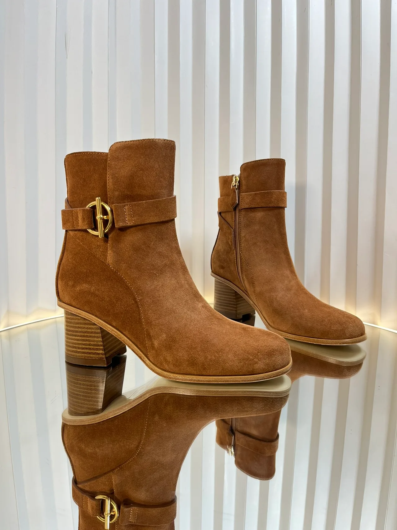 Hermes Calfskin Suede-Look Round-Toe Buckle Ankle Boots in Brown · view 1